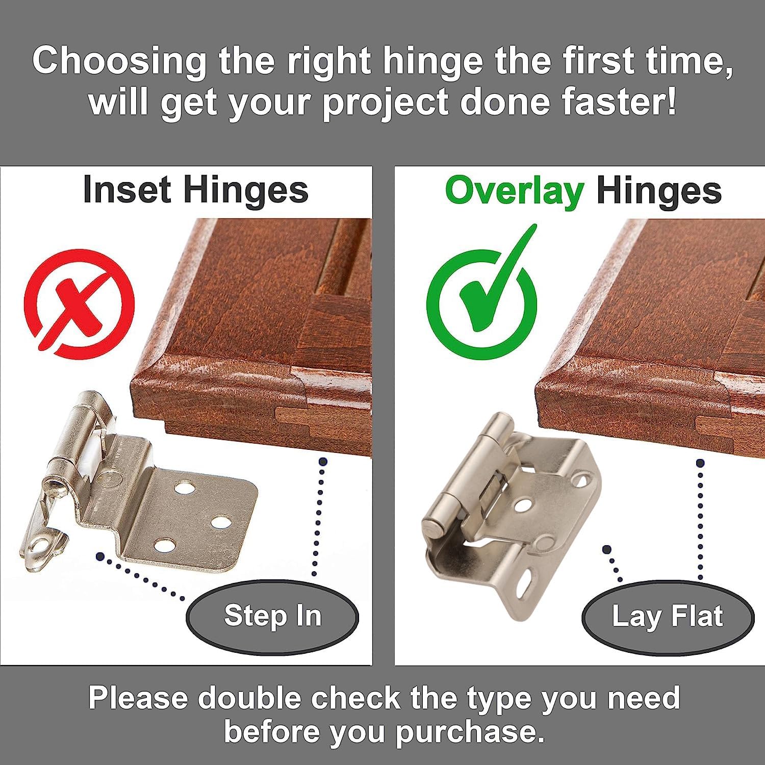 Decobasics 50 Pack 1/2" Overlay Brushed Nickel Cabinet Hinges for Cabinet Doors (25 Pairs) – Self-Closing Semi-Wrap Face Frame Hinges for Cupboard & Kitchen Doors w/Screws & Quiet Bumpers