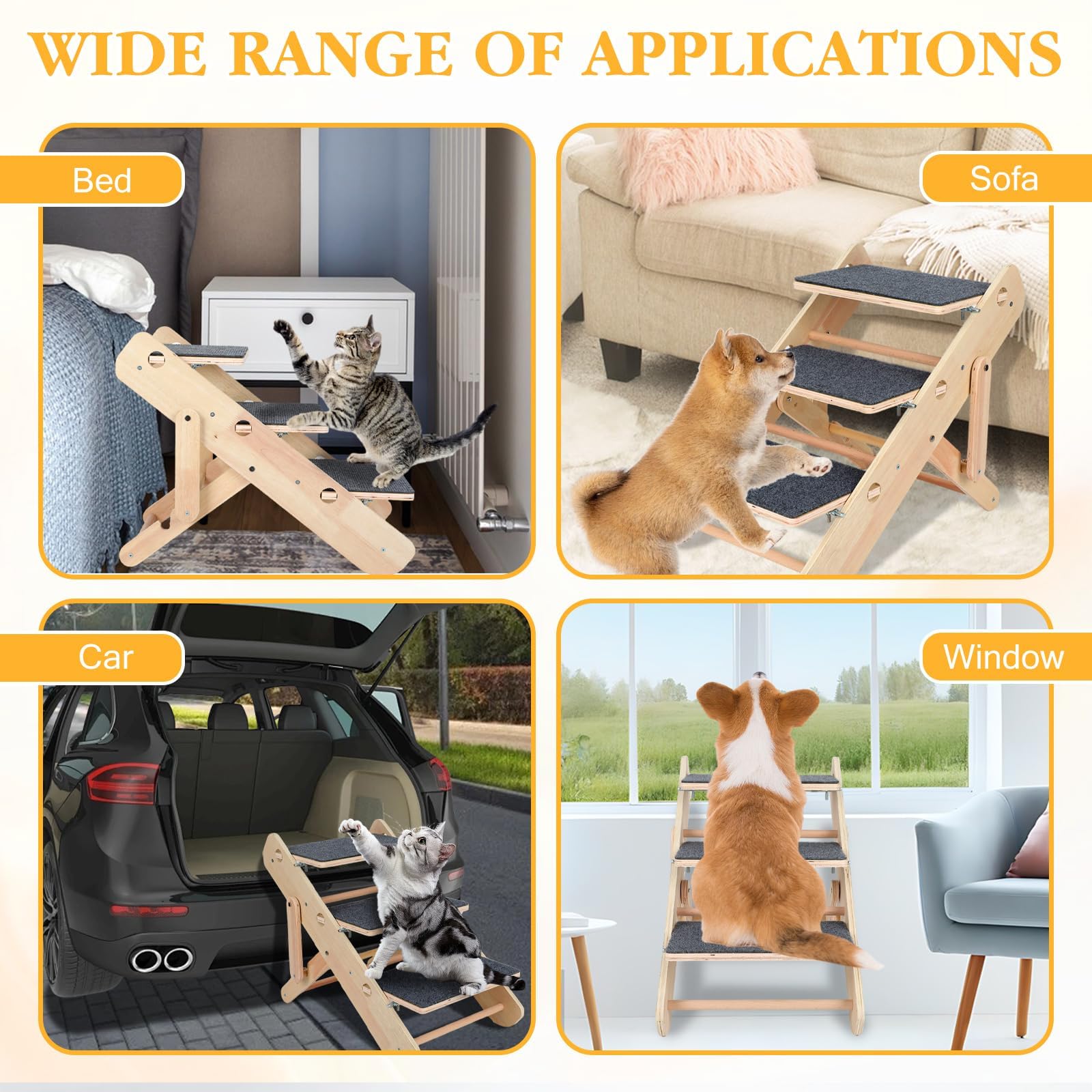 Escalera para perros, 2 en 1, escalera para perros pequeños y gatos, 3 niveles, plegable y portátil, escalera para mascotas para cama, sofá y coche, antideslizante
