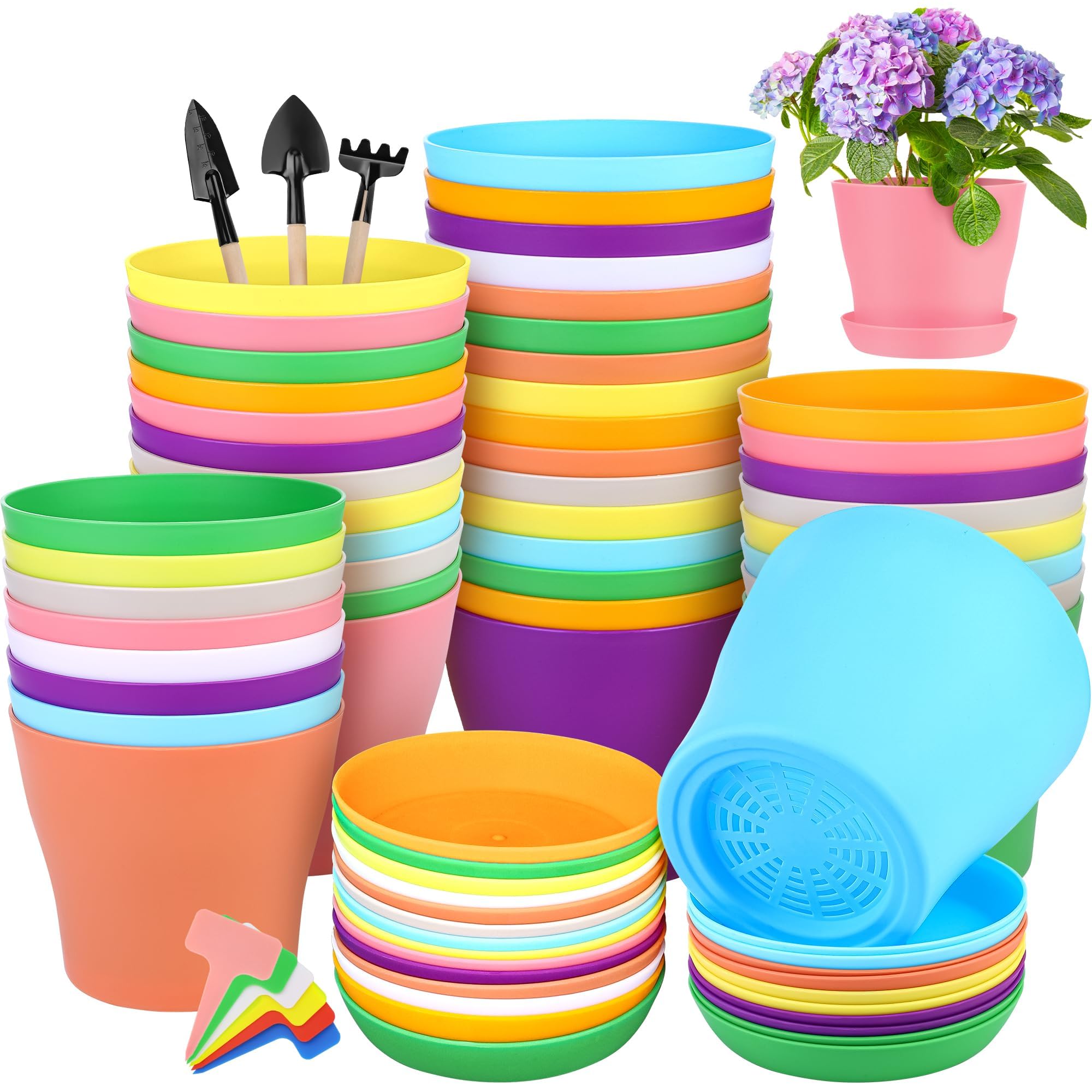 Photo 1 of Hahood 36 Pack 5.5 Inch Plastic Plant Pots with Saucers Colorful Flower Plant Container Seed Starting Pots Thickened Seedlings Nursery Pots for Home Garden Indoor Outdoor Flowers, 9 Colors