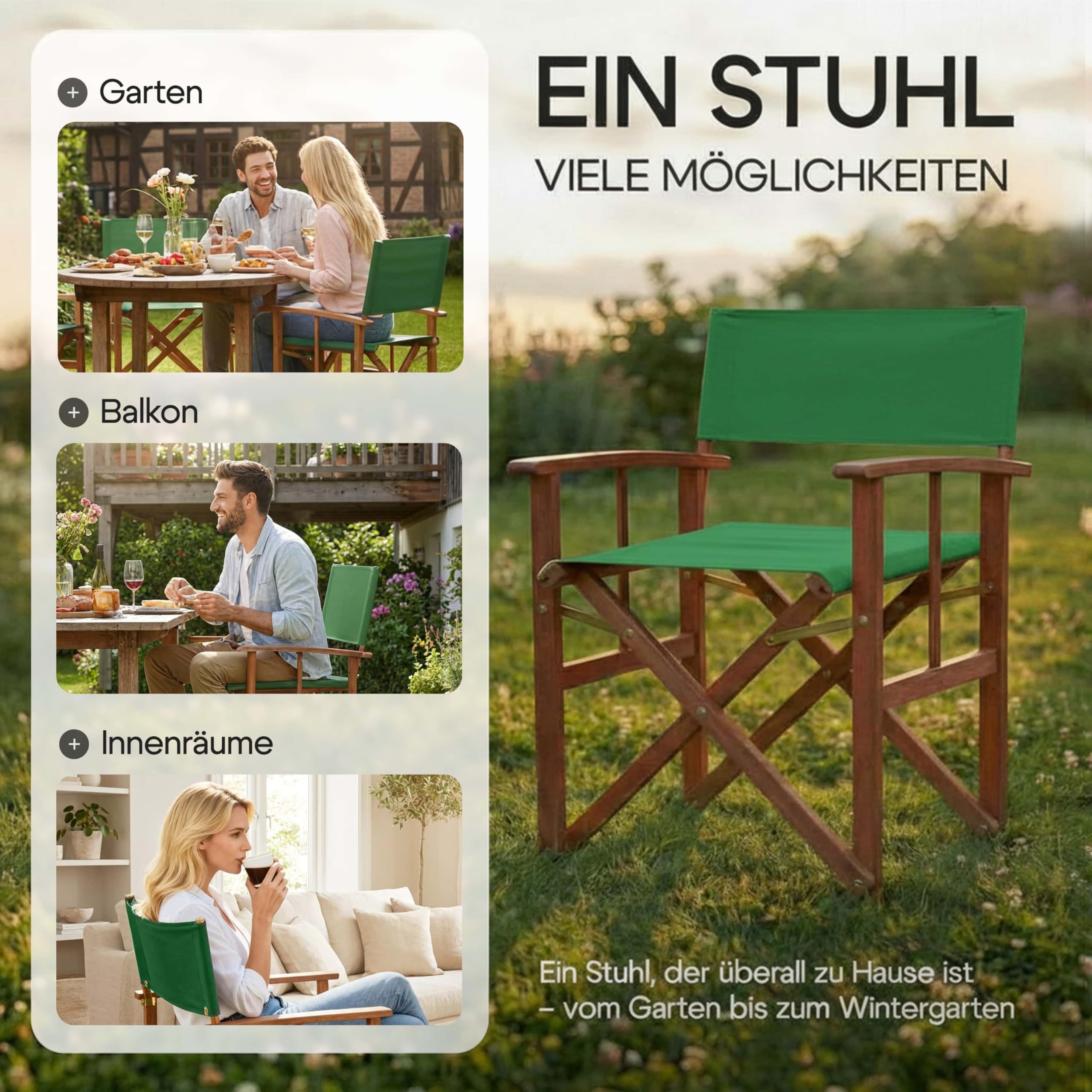 Casaria® Regiestuhl 2er Set aus FSC® Eukalyptusholz - Klappbarer Gartenstuhl mit Armlehnen, waschbarem Bezug & 46 cm Sitzhöhe, bis 160 kg belastbar - Holzstuhl für Balkon, Terrasse & Camping