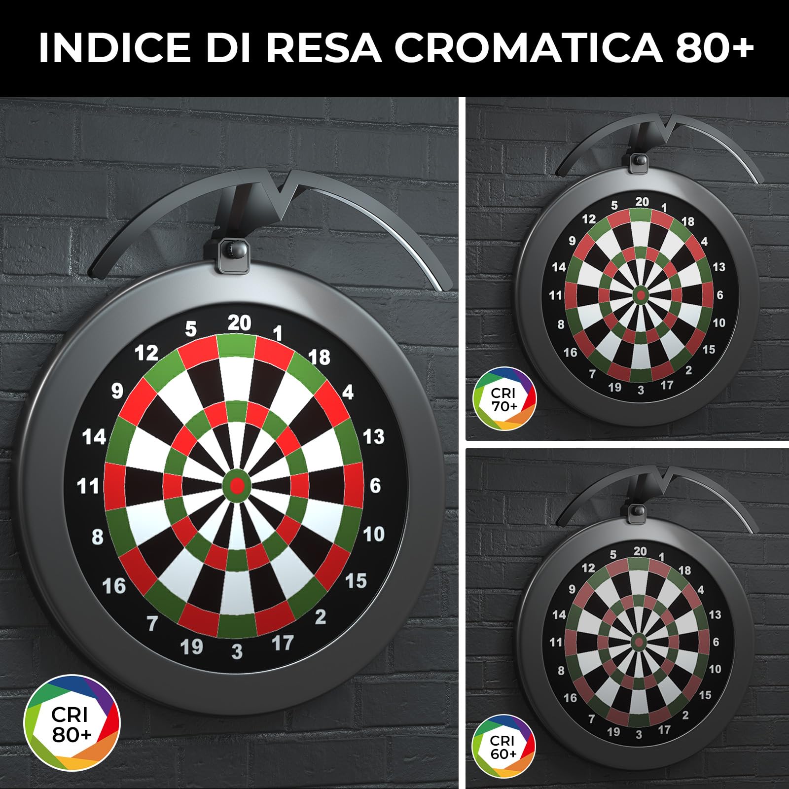 Illuminazione per Bersaglio Freccette 120°, Luce LED 6000K Bianco Giorno, Cavo Alimentazione 3m con Spina UE, Sistema Rimovibile per Bersagli in Sisal, Fissaggio a Clip Semplice