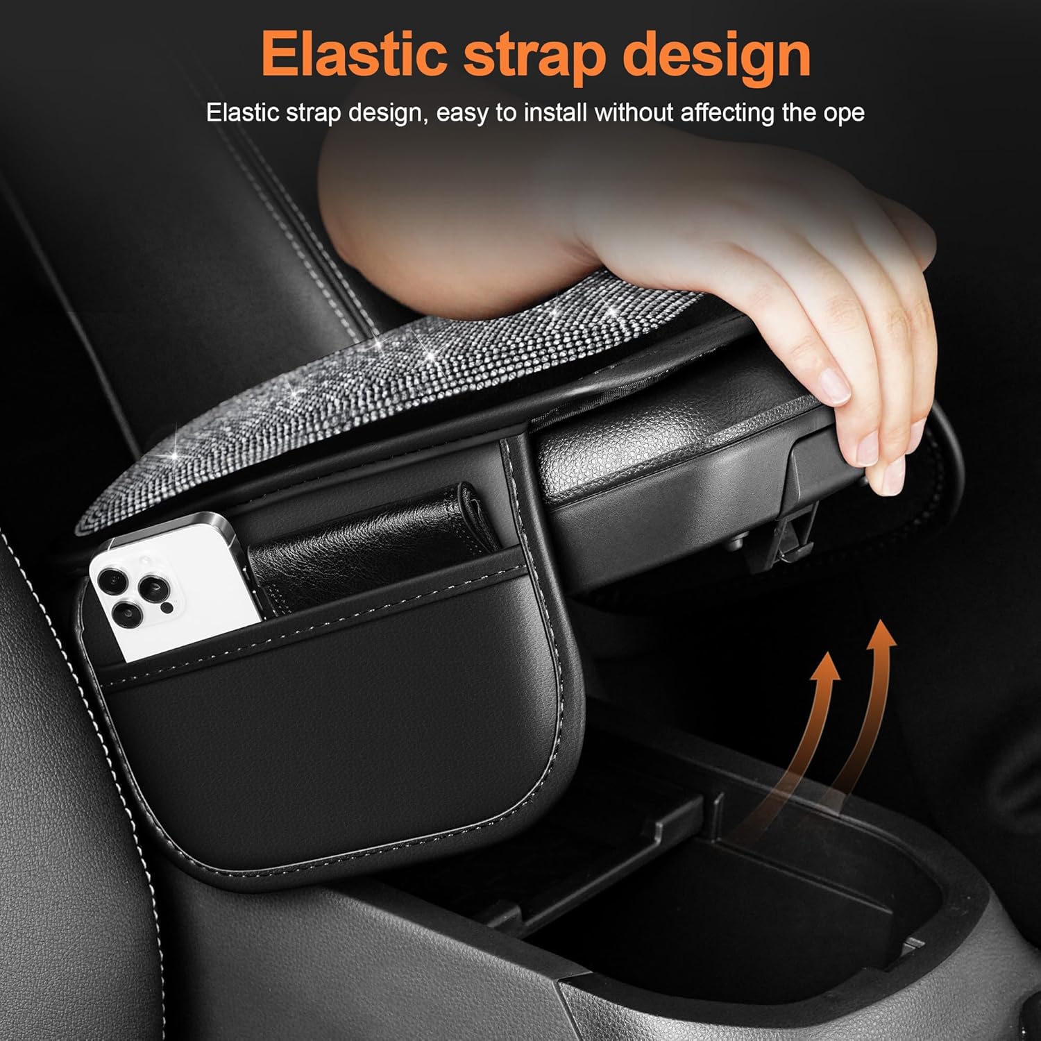 Bling Car Center Console Cover Custom Fit for Jeep Gladiator - Leather Armrest Cover with 2 Storage Pockets and Crystal Rhinestones(Black)