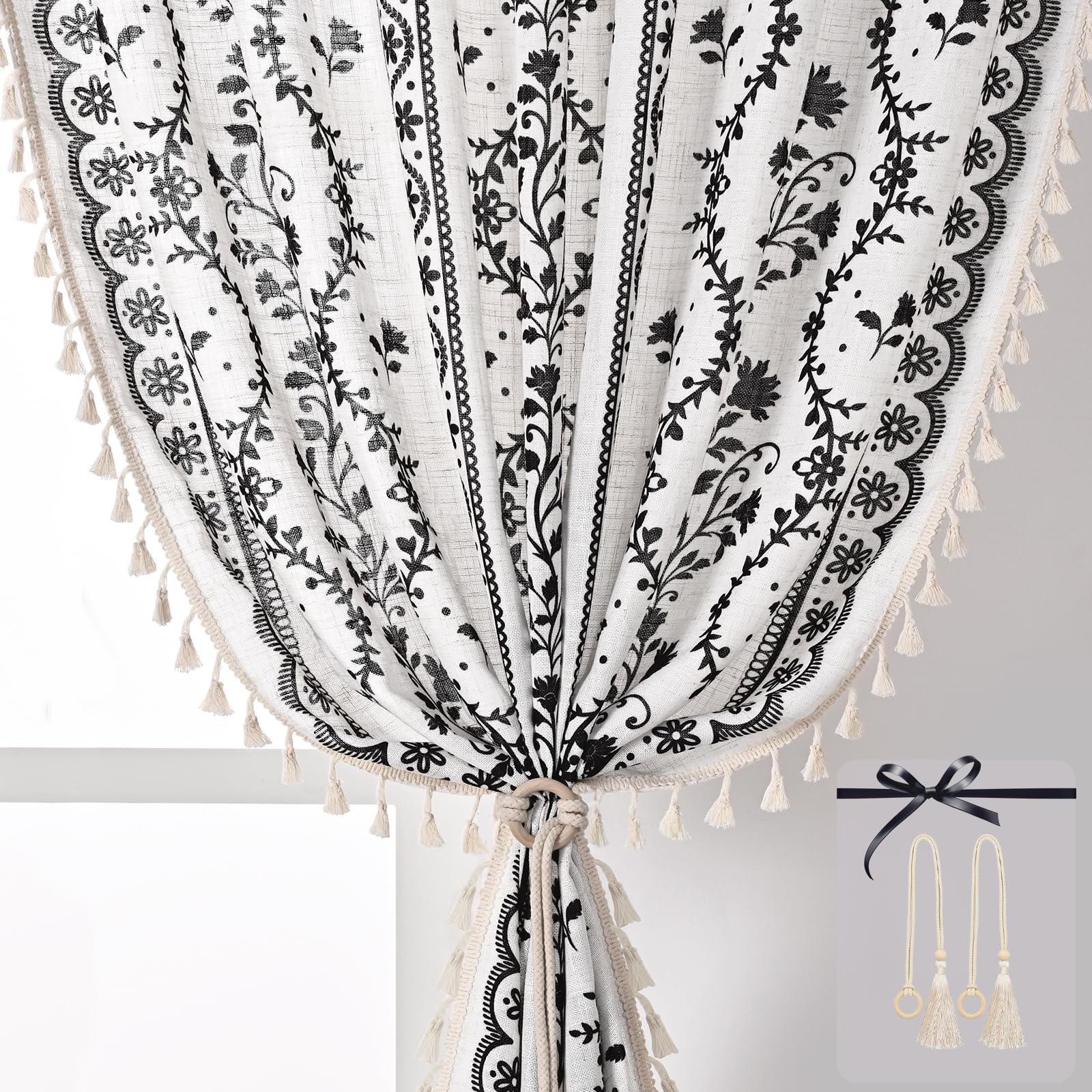 Yinhua Boho Curtains for Living Room 84 Inch Length Vintage Linen Curtains for Bedroom Light Filtering Floral Window Curtain Rod Pocket &amp; Back Tabs Rustic Tassel Drapes with Tiebacks, White Black