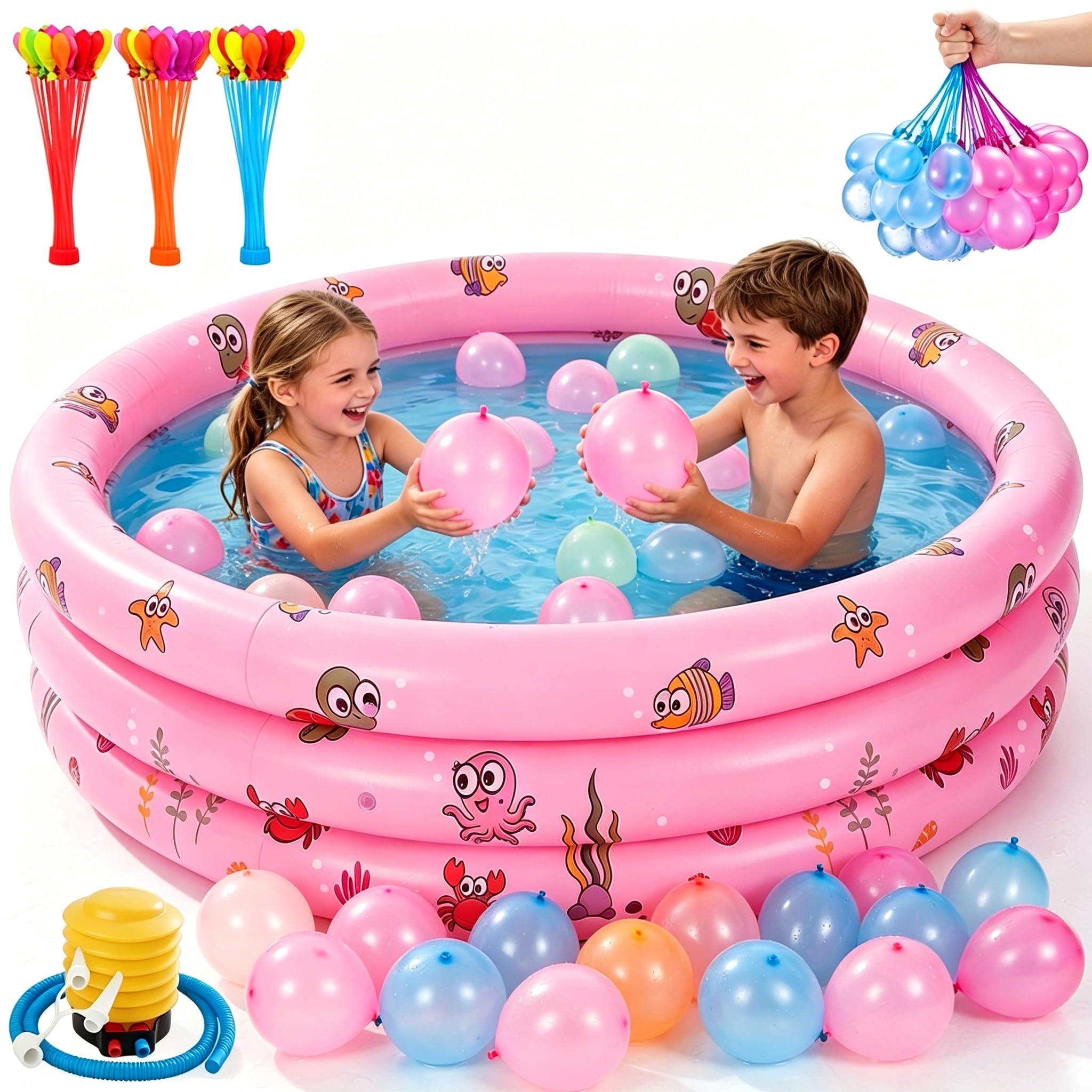 NACOOL Alberca Inflable Infantil, Mini Piscina Redonda Infantil 3 Niveles, con Bomba de Pie y Globos de Agua, Alberca para Niños para Piscina Hinchable Familiar En El Patio Trasero (130 * 40 cm)