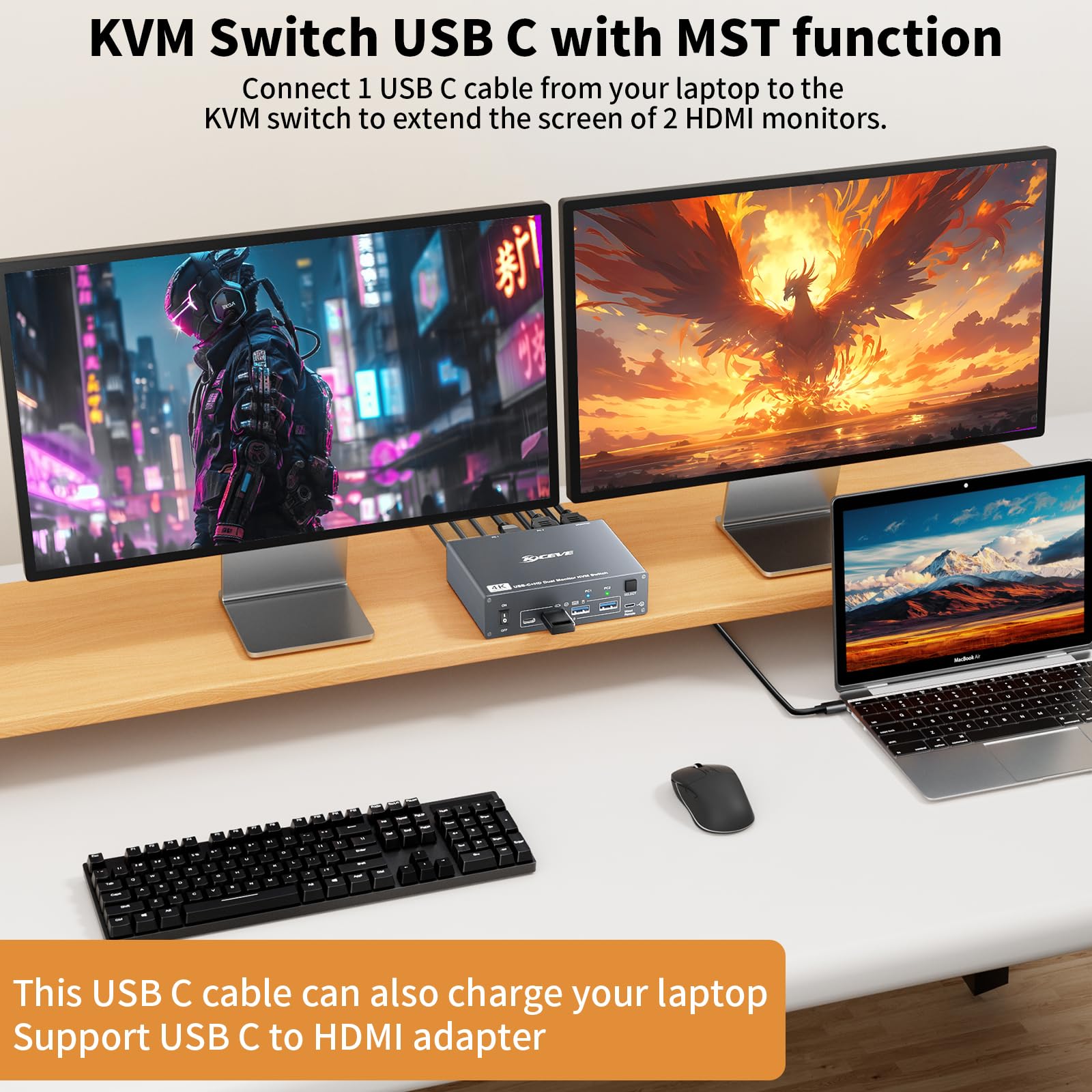 Przełącznik KVM 4K 60Hz USBC HDMI KVM 2 PC 2 monitory do 1 laptopa i 1 komputera stacjonarnego, podwójny monitor KVM przełącznik z 4 portami USB 3.0, ładowanie 73 W PD, z pilotem zdalnego sterowania