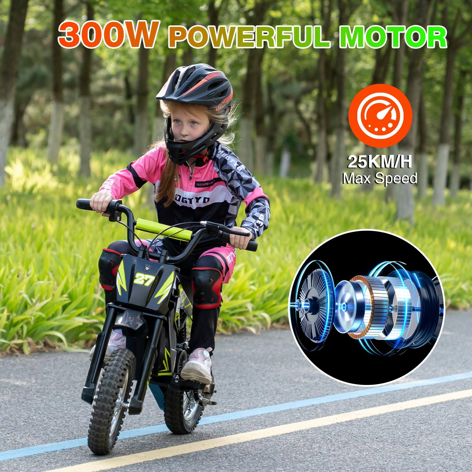 RCB TECH R9X Motocicletta elettrica per bambini, Motore potente, 3 modalità di velocità, Max 25 km/h, 5,2Ah Batteria, Portata massima 17 km, Pneumatici da 12 pollici, Moto da cross per Bambini