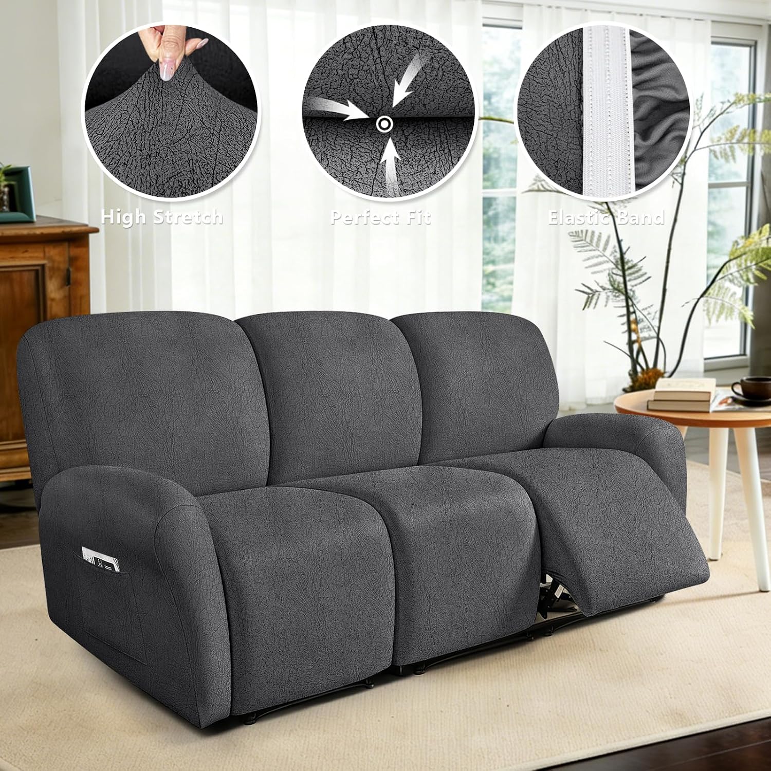 ANARACHON Leather Look Recliner Couch Cover 8-Piece Recliner Sofa Slipcovers 3 Seater for Reclining Couches Furniture Protector Spandex Fabric Washable (Recliner Sofa,256Dark Gray)