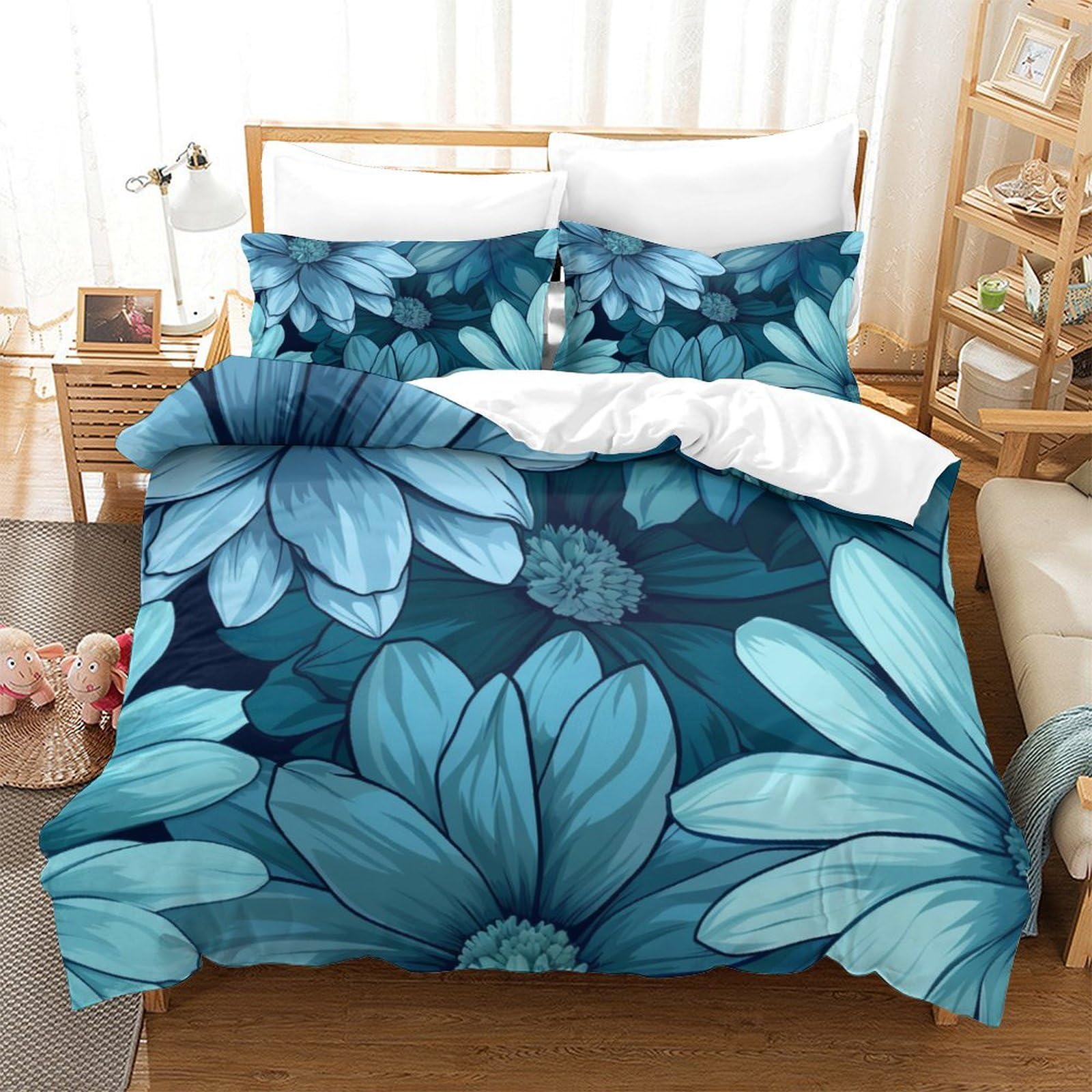 Housse de couette respirante 3 pièces en microfibre super douce motif floral 3D