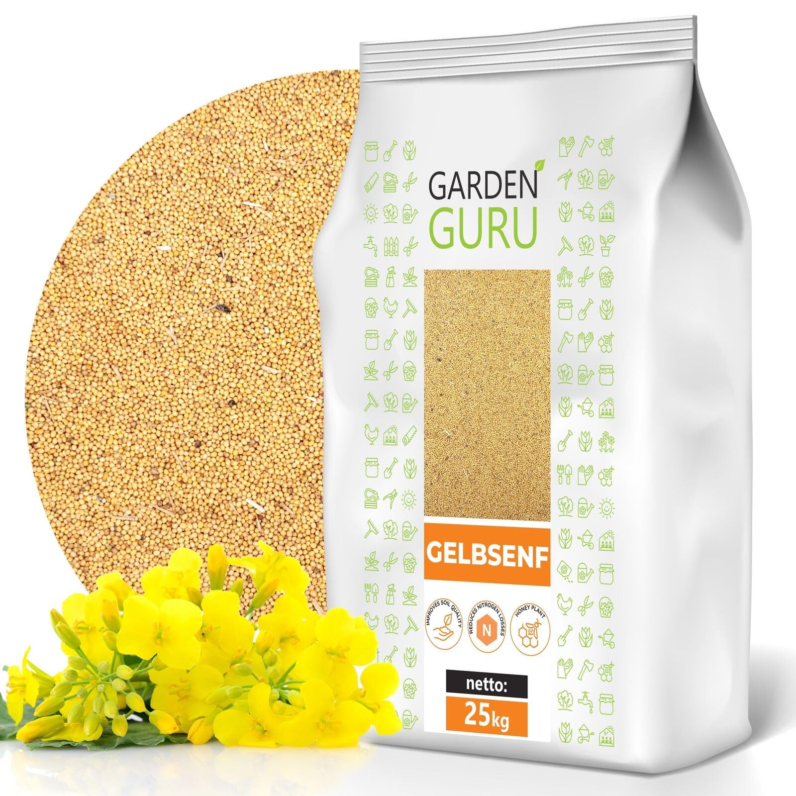 Gelbsenf 25 kg Saatgut Senf gelb Senfsaat TOP Gründünger Bienenweide Pollen Verbesserung der Bodenstruktur, Unkrautbekämpfung, Erosionsschutz, Nutzen für Bienen, Pflanzenschutz