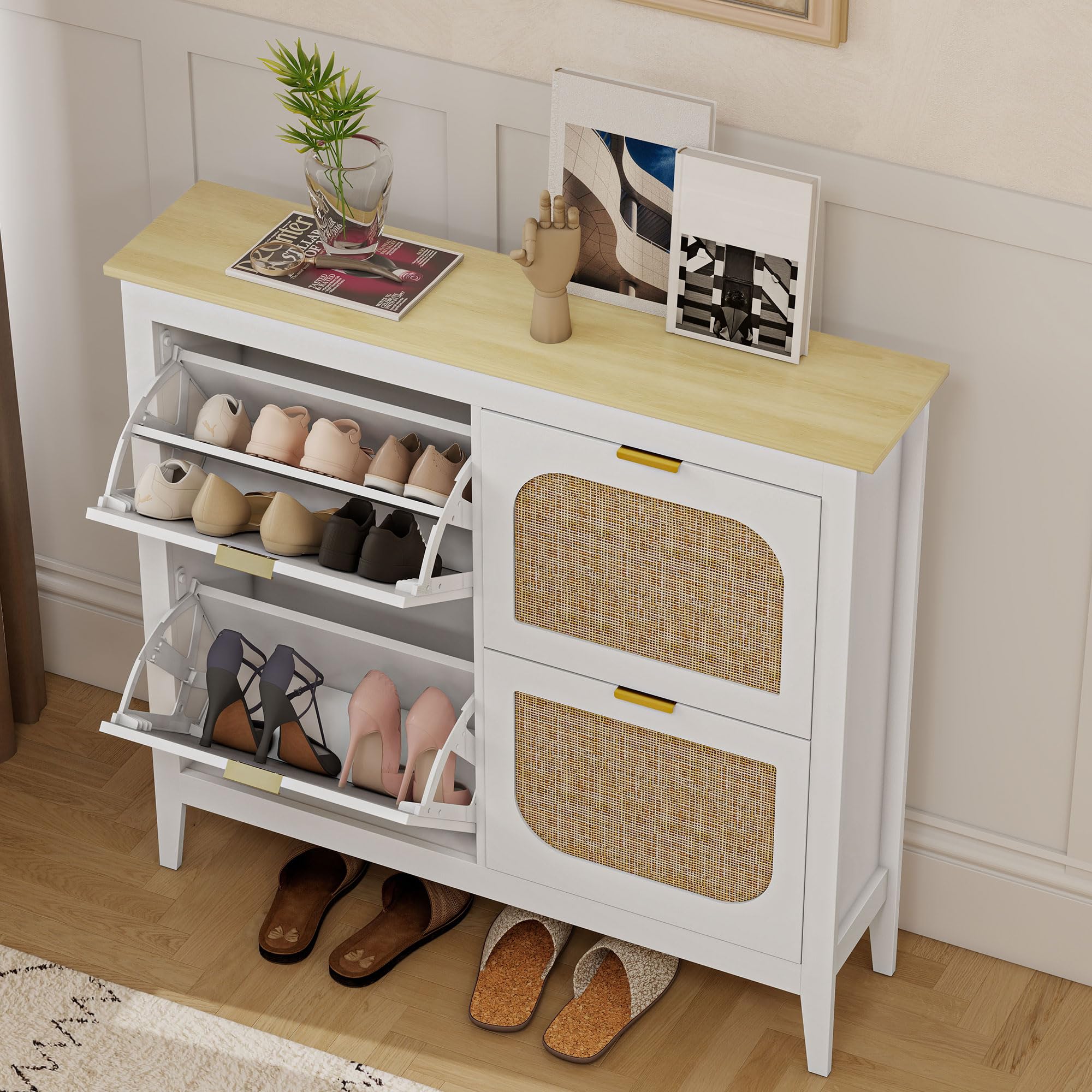 HOMCOM Zapatero Estrecho con 4 Puertas de Ratán Zapatero Entrada Recibidor con Estantes Ajustables para 20 Pares de Zapatos 105x24x95,5 cm Blanco
