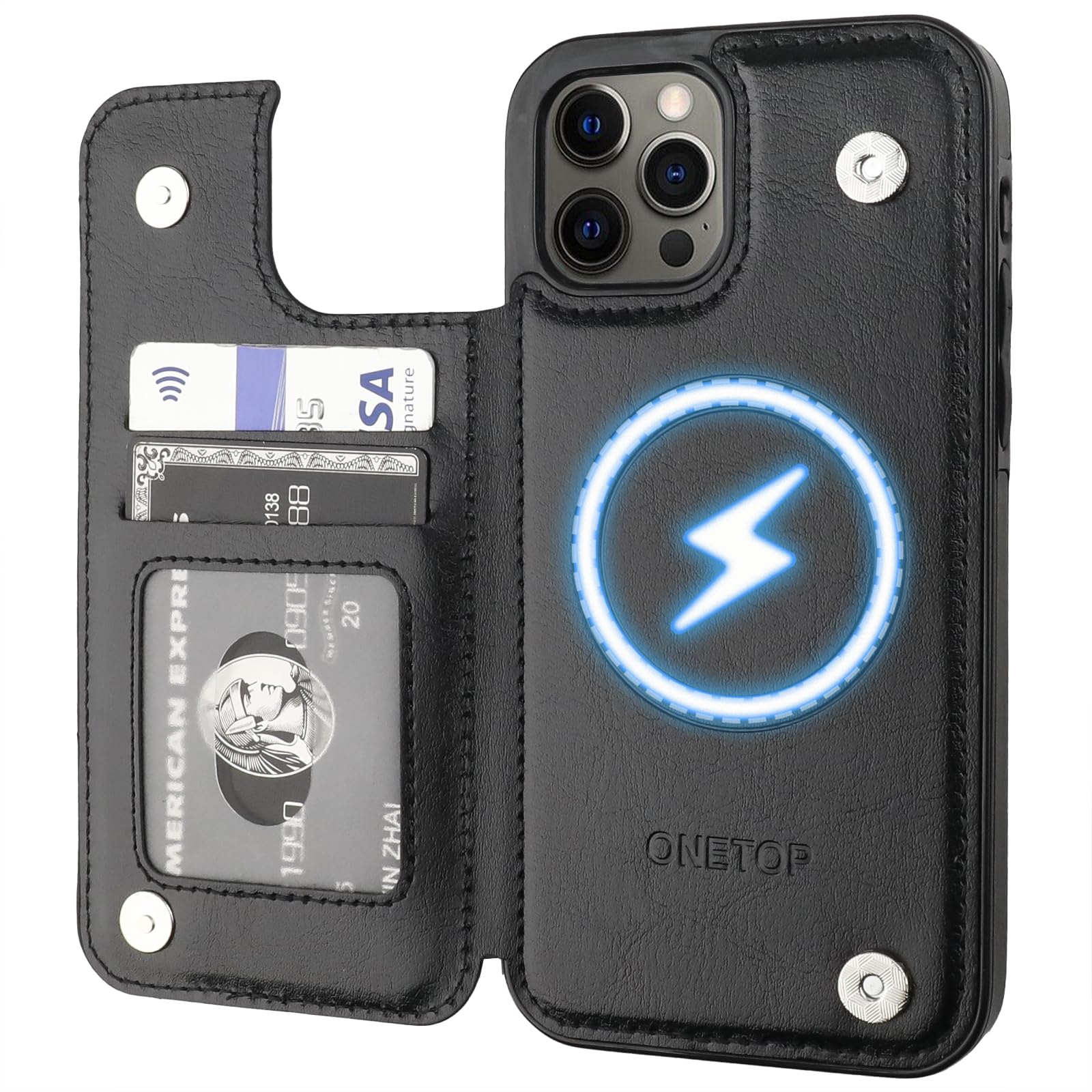 ONETOP Compatible with Magsafe for iPhone 12/12 Pro Wallet Case with Card Holder, PU Leather Kickstand RFID Blocking Case, Double Magnetic Clasp and