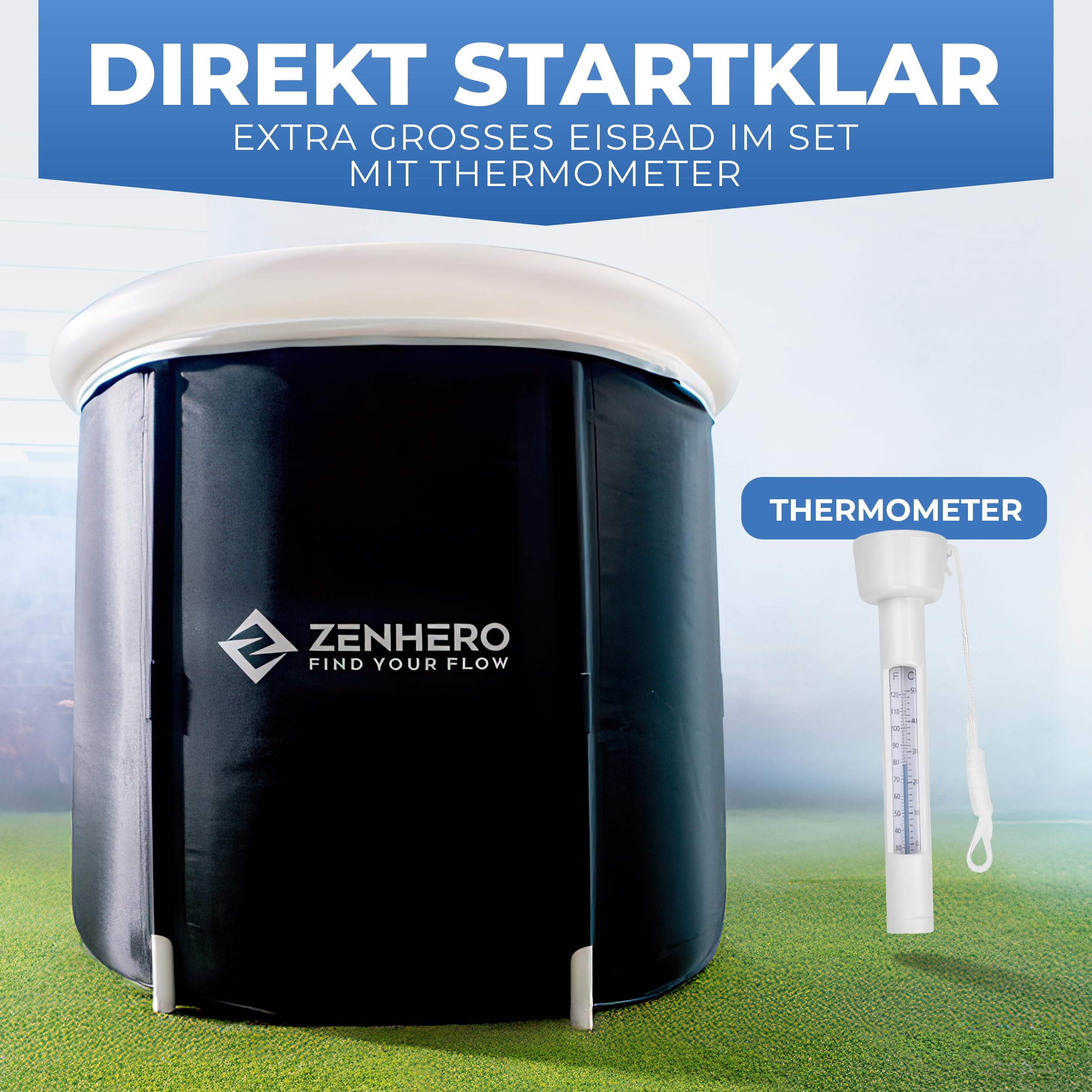Zenhero Recovery Kit bain de glace (85 cm de diamètre) – Confort optimal et beaucoup d'espace – Plus grand que la norme – Avec thermomètre – Thérapie par le froid pour la maison – Tonneau à glace avec