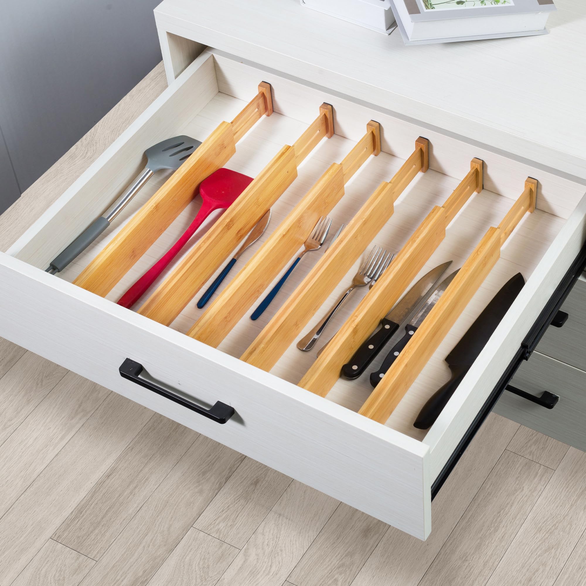 VaeFae Lot de 6 Séparateurs de Tiroir Extensibles en Bambou, Organiseur de Tiroir Réglable (42,3–55,3 cm), Rangement Tiroir Cuisine et Bureau