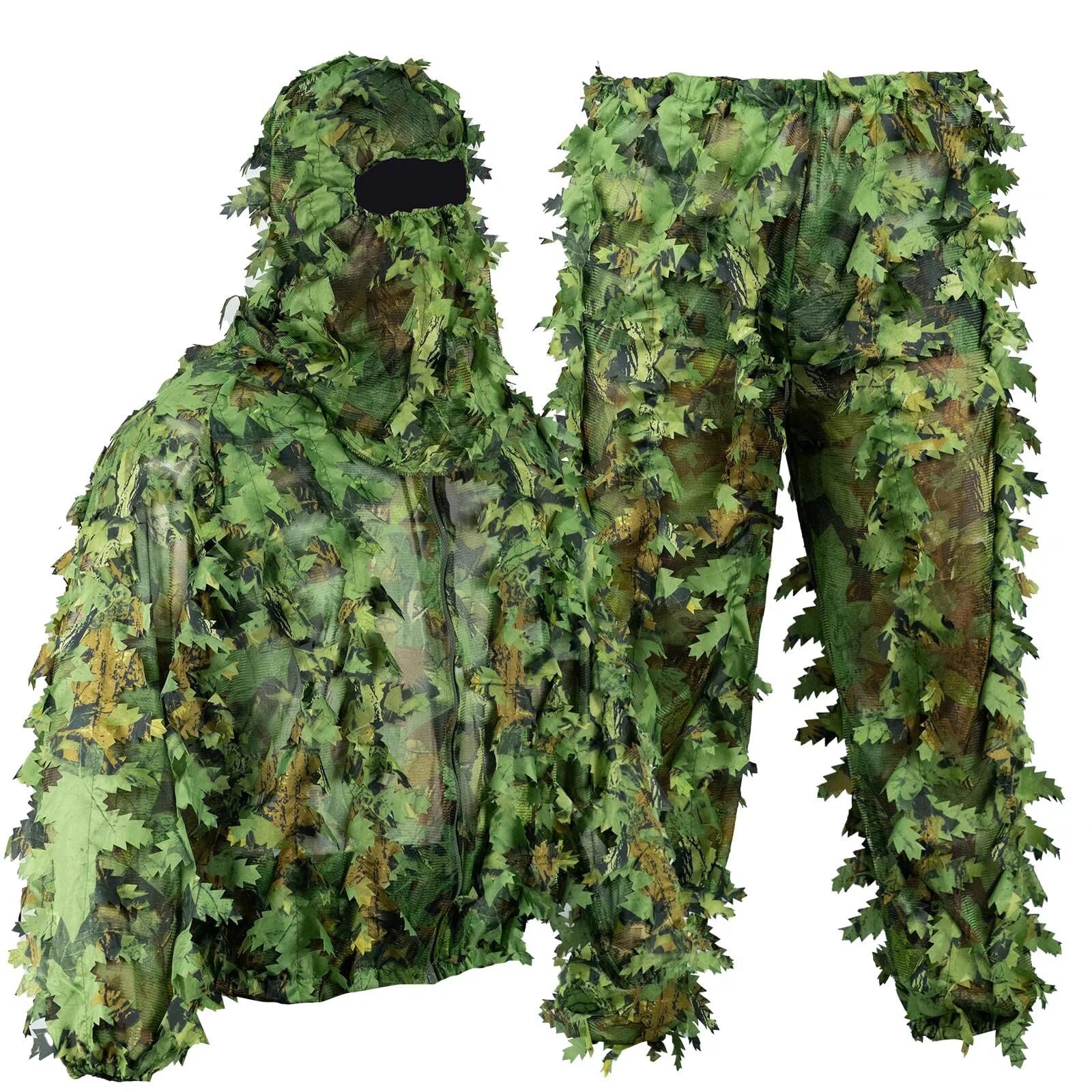 HYOUT Hooded Ghillie Suit Camo Suit Woodland Forest Military 3D Green Leafy Clothing Costume for Jungle Halloween Party