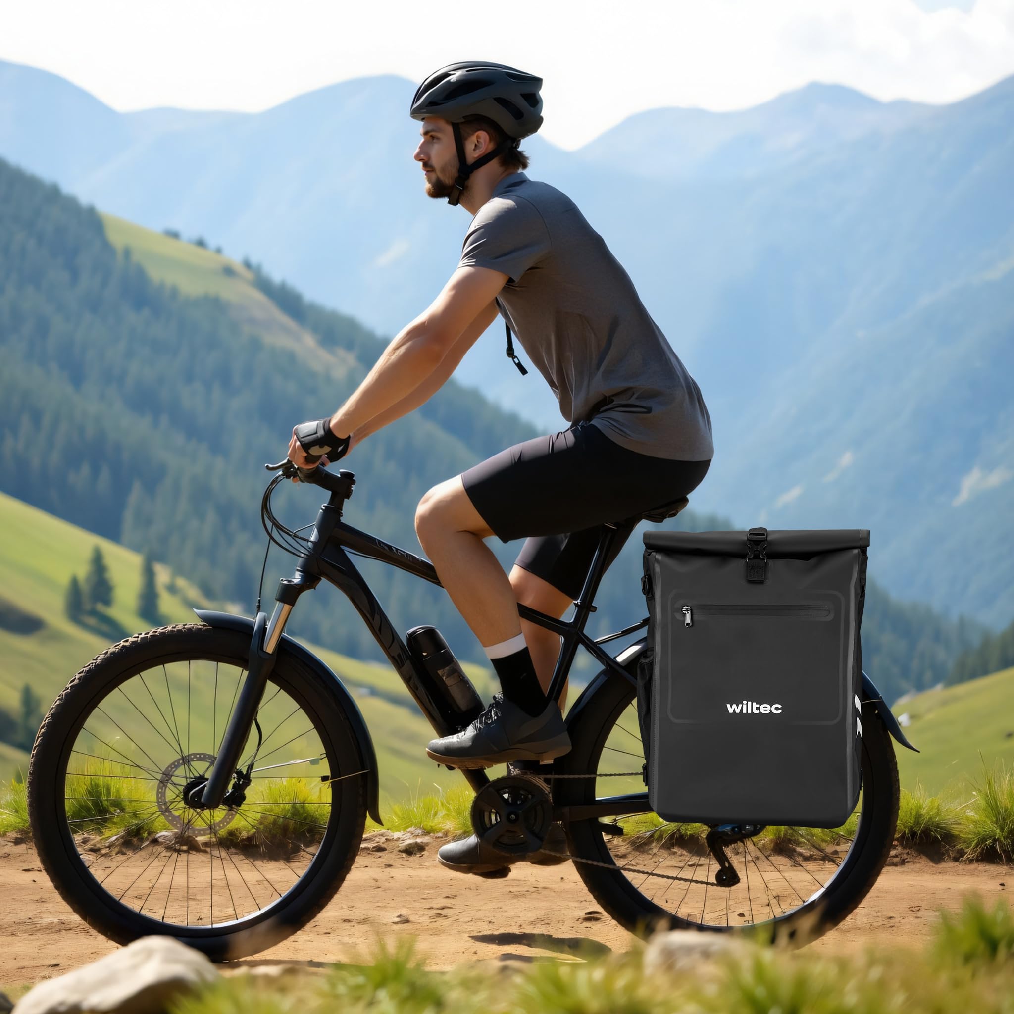 Wiltec Sacoche sac à dos étanche pour porte-bagages noire – capacité de 25 L – en 500D PVC – avec compartiment pour ordinateur portable – pour vélos et vélos électriques – Sac de bicyclette – Cyclisme