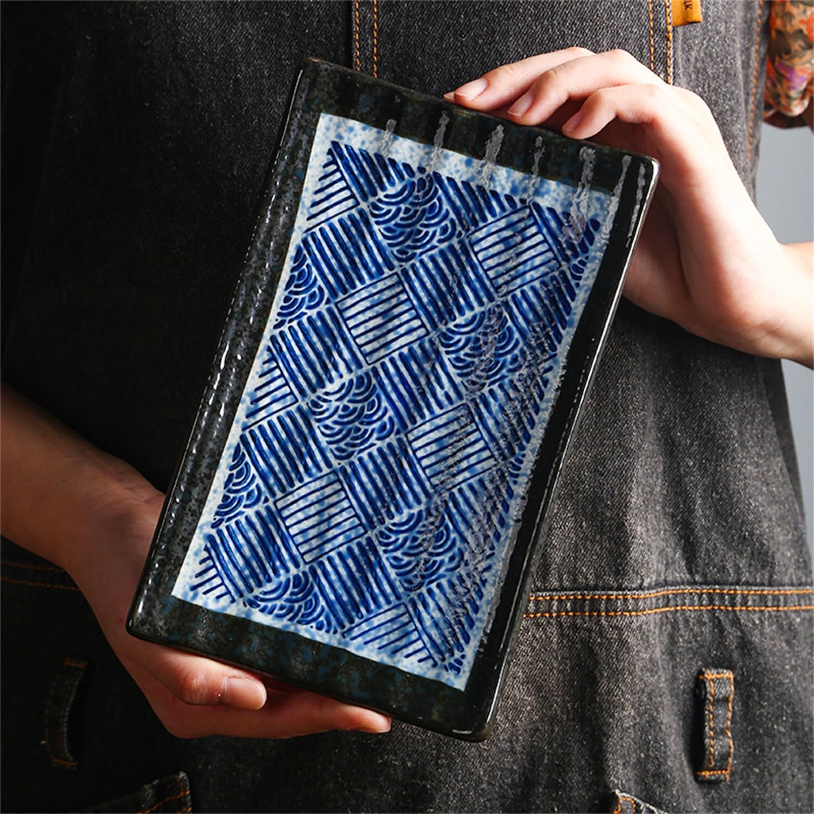 Assiettes Occidentales Assiette rectangulaire japonaise Petits plats pour Restaurants et Familles(Blue 1)