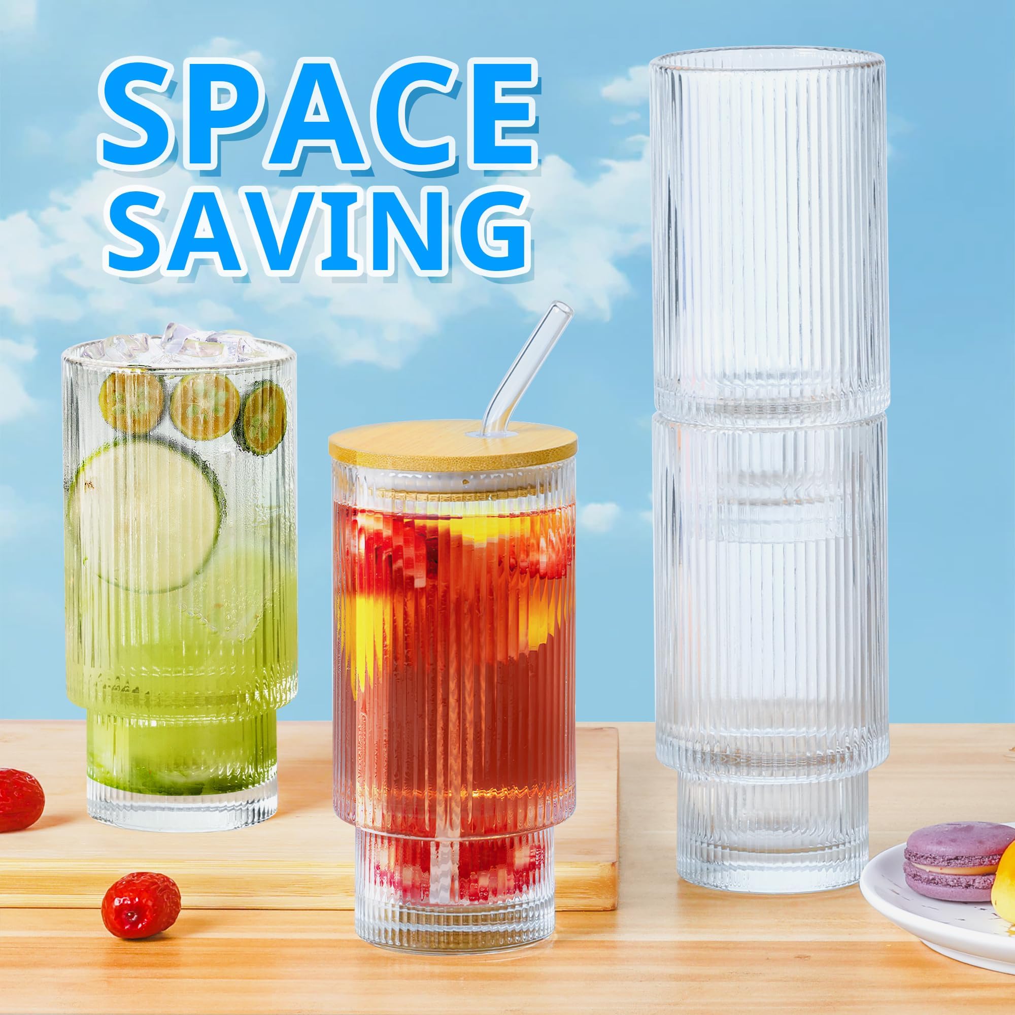 AiMQnLe Glass Cups with Lids and Straws - 16 oz Iced Coffee Cups, Vintage Ribbed Drinking Glasses with Bamboo Lids, Glass Tumbler for Juice, Beer, Coffee, Milk, Cocktail, Water (4 Pack) (4) 3