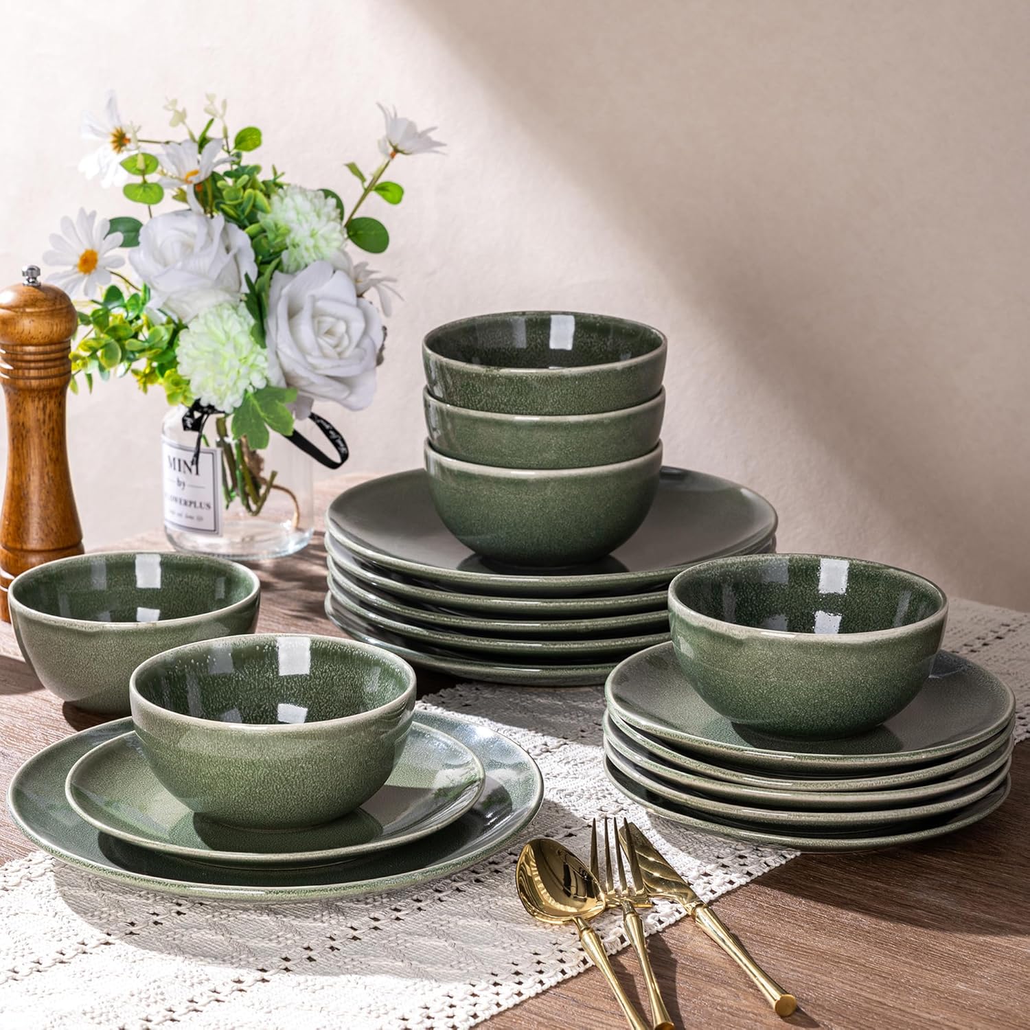 AmorArc Ceramic Dinnerware Sets for 4, 12 Pieces Handpainted Plates and Bowls Set, Scratch Resistant Stoneware Dishes Set, Dishwasher & Microwave Safe, Jade Green - Image 7