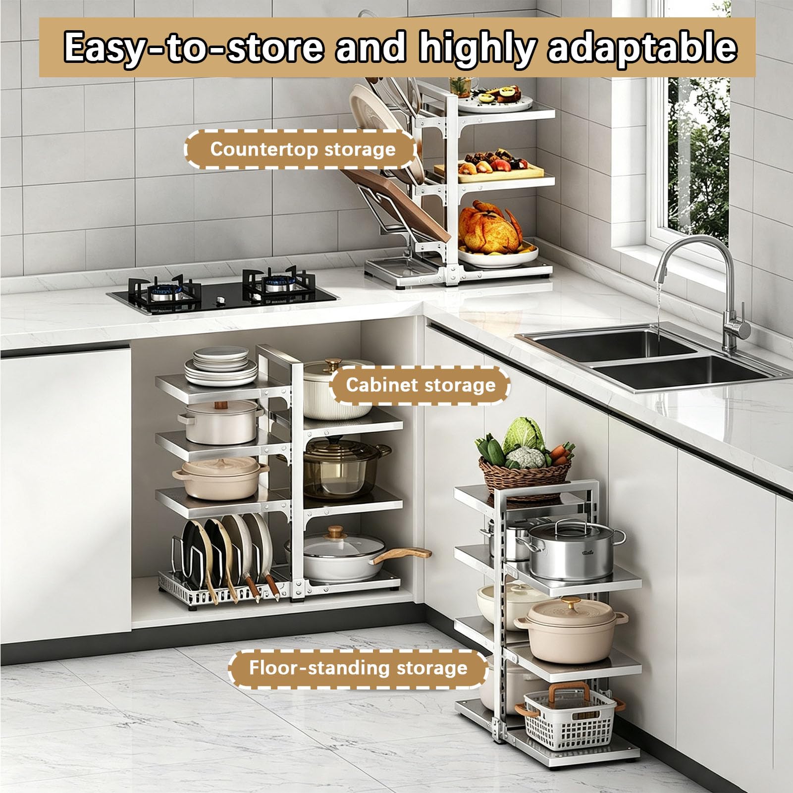 Scaffale Porta Pentole,Organizzatore Regolabile Molti Livelli | Portaoggetti Autoportante con Ripiani Rimovibili,Soluzione Salvaspazio per Mobili Sottolavello,Coperchi e Accessori da Cucina