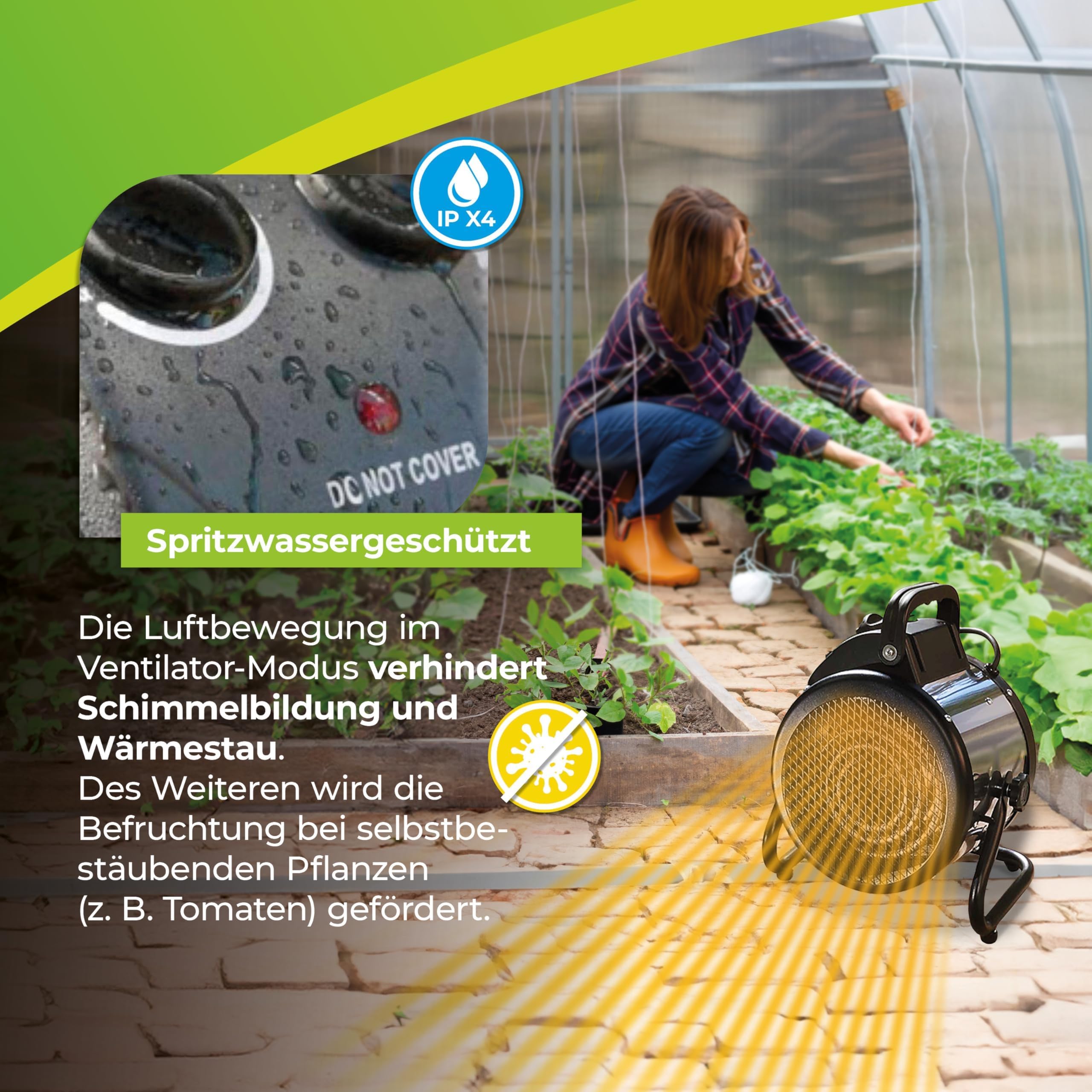 BioGreen Elektro-Gewächshausheizung Palma mit manuellem Thermostat | IPX4 spritzwassergeschützt, energiesparend | 163 m³/h Luftumwälzung | 2000 Watt