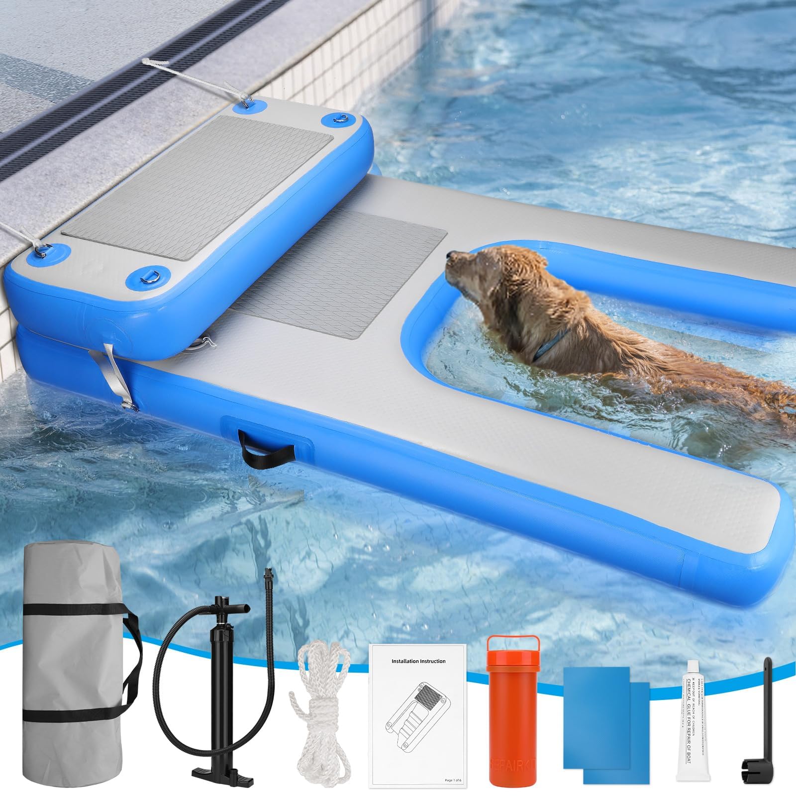 Rampa flotante inflable para perros, plataforma flotante resistente a pinchazos, fácil acceso al agua para piscinas, lagos y playas