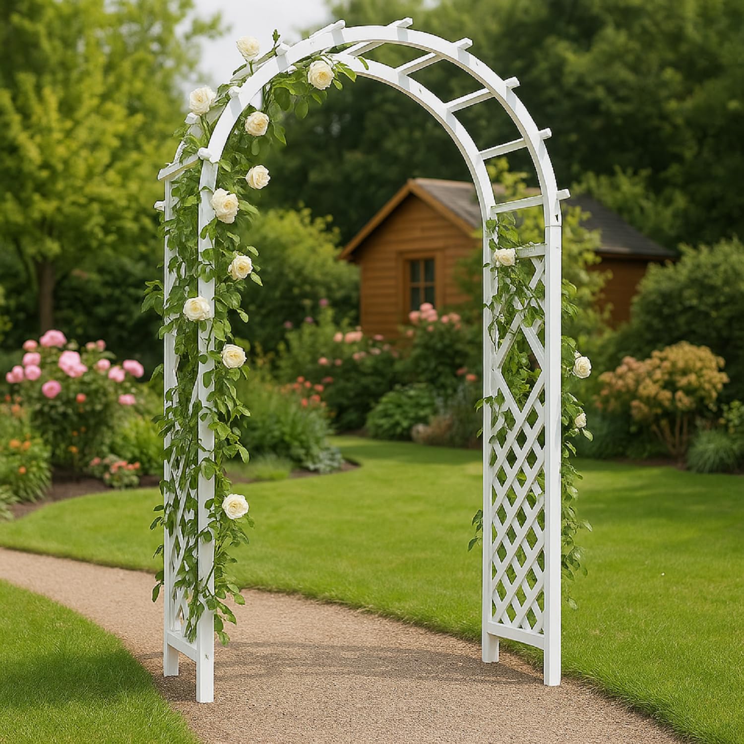 Zewnętrzna biała drewniana altana ogrodowa pergola - elegancka kratka łukowa do roślin pnących, wesel, patio, przy basenie i ścieżce ogrodowej, dekoracja 140 x 225 cm