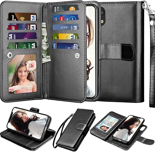 Njjex Funda tipo cartera para iPhone XR: cartera de piel sintética con 9 ranuras para tarjetas, soporte desmontable, cubierta magnética y cordón,