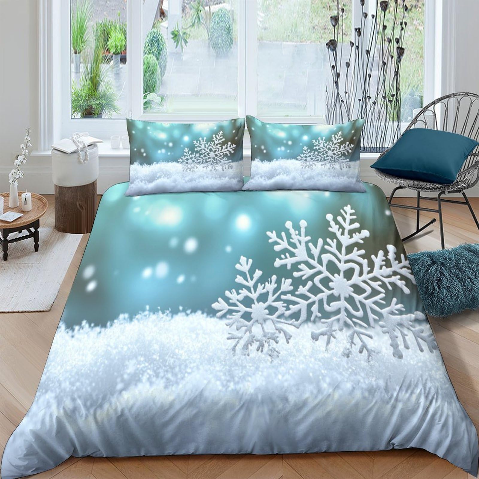 GPLZQXKJNH 3D Printed Snowflake Winter Blue Duvet Cover Microfiber Soft Breathable Frost Bedding Set with 2 Pillowcases for Bedroom Decor Single（135x200cm）
