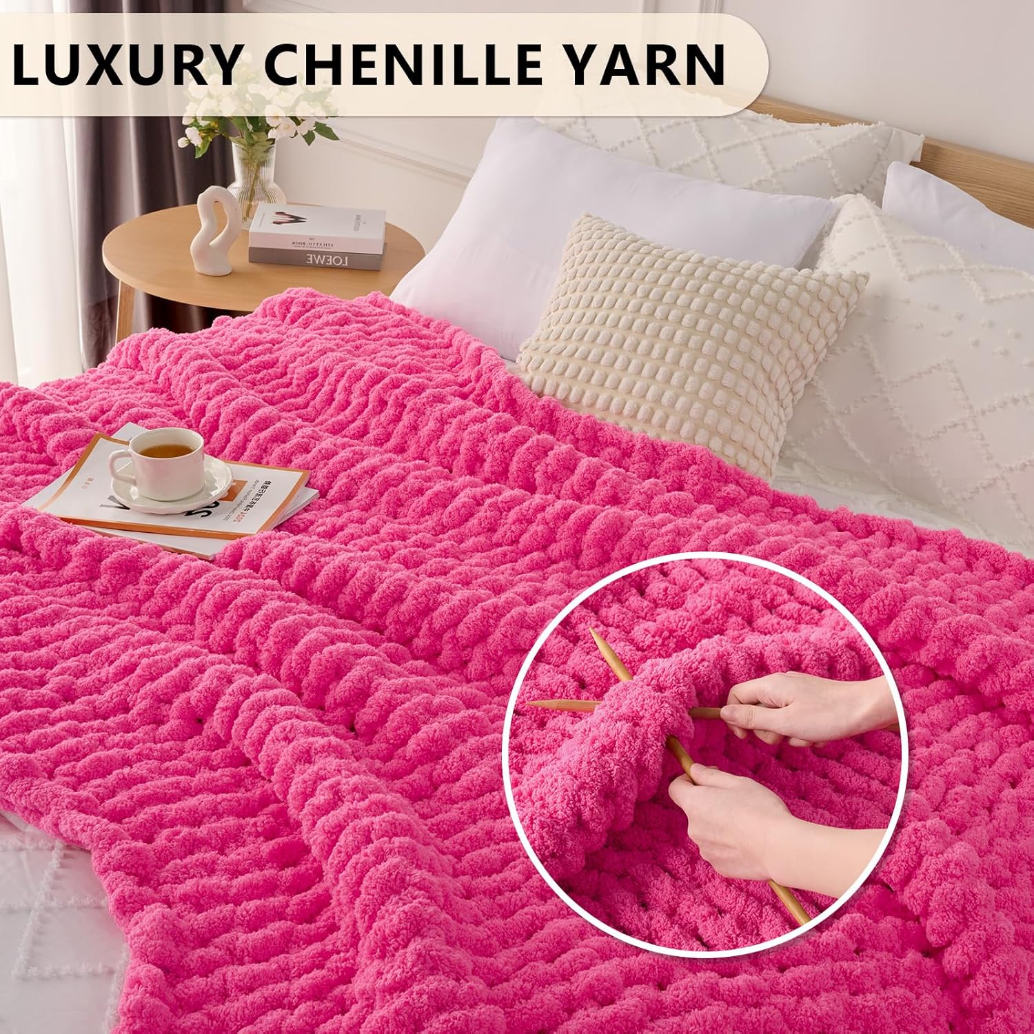L'AGRATY Chunky Knit Blanket Throw: 50''x60'' Chenille Chunky Knitted Throw Blanket for Bed Couch - Handmade Thick Big Cable Knit Blankets - Large Crochet Rope Blanket for Home Decor(Hot Pink) - Image 3