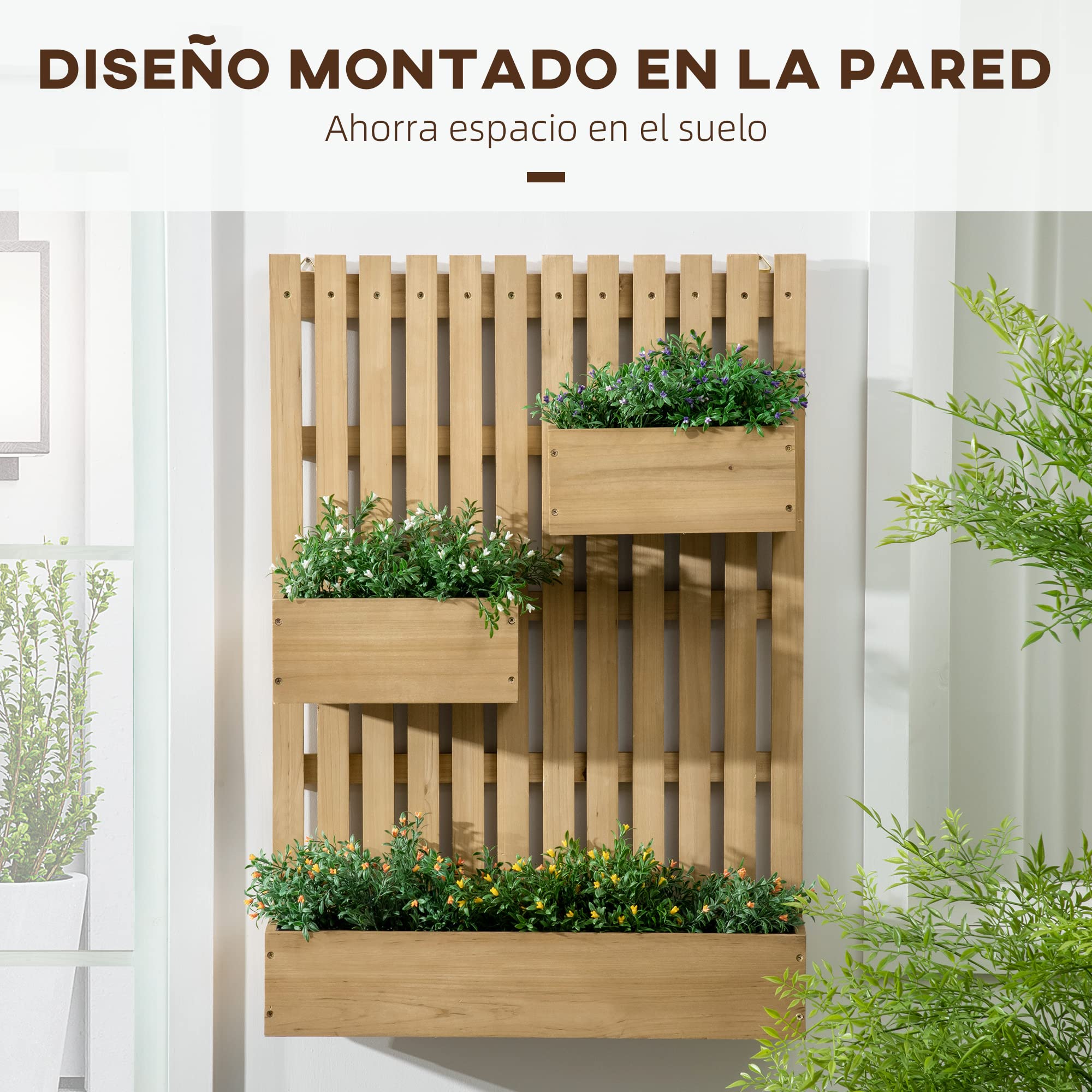 Outsunny Jardinera de Pared con Enrejado 3 Macetas 60x16x80 cm Natural | Jardinera Exterior Grande de Madera, Macetas Móviles, Orificio de Drenaje, para Exterior, Jardín, Terraza, Patio