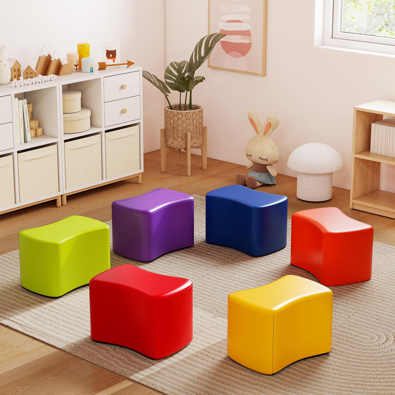 FANTASK 6er Set Sitzhocker, Kinderhocker aus Schaumstoff stapelbar, bunter Schmetterlingshocker, Kinderstuhl für Kinderzimmer, Kindergarten