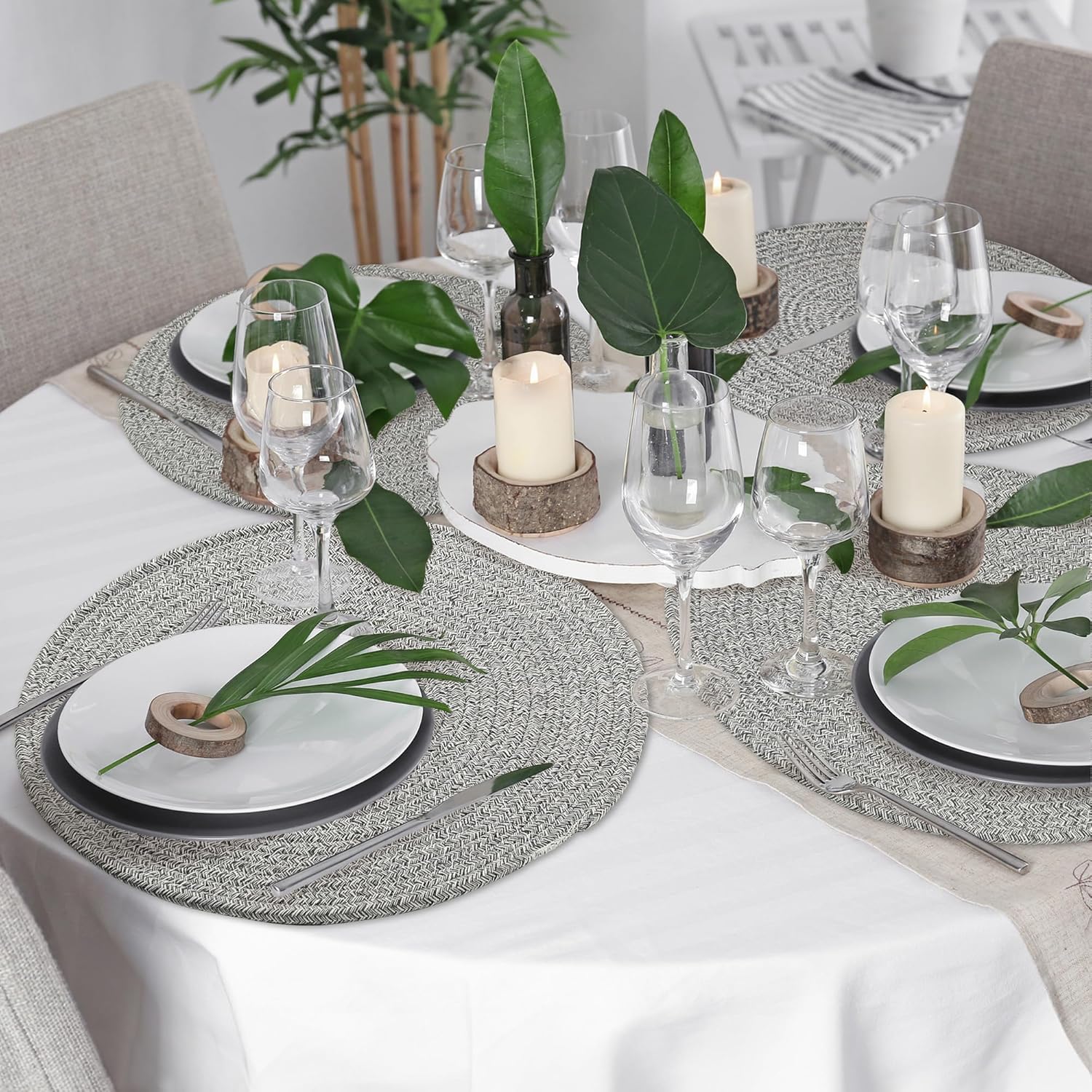 fanquare Round Woven Placemats Set of 4 Cotton Rope Placemats with Holder 13" Grey Thick Braided Table Mats Heat Resistant Non-Slip Place Mats for Kitchen Dining Room