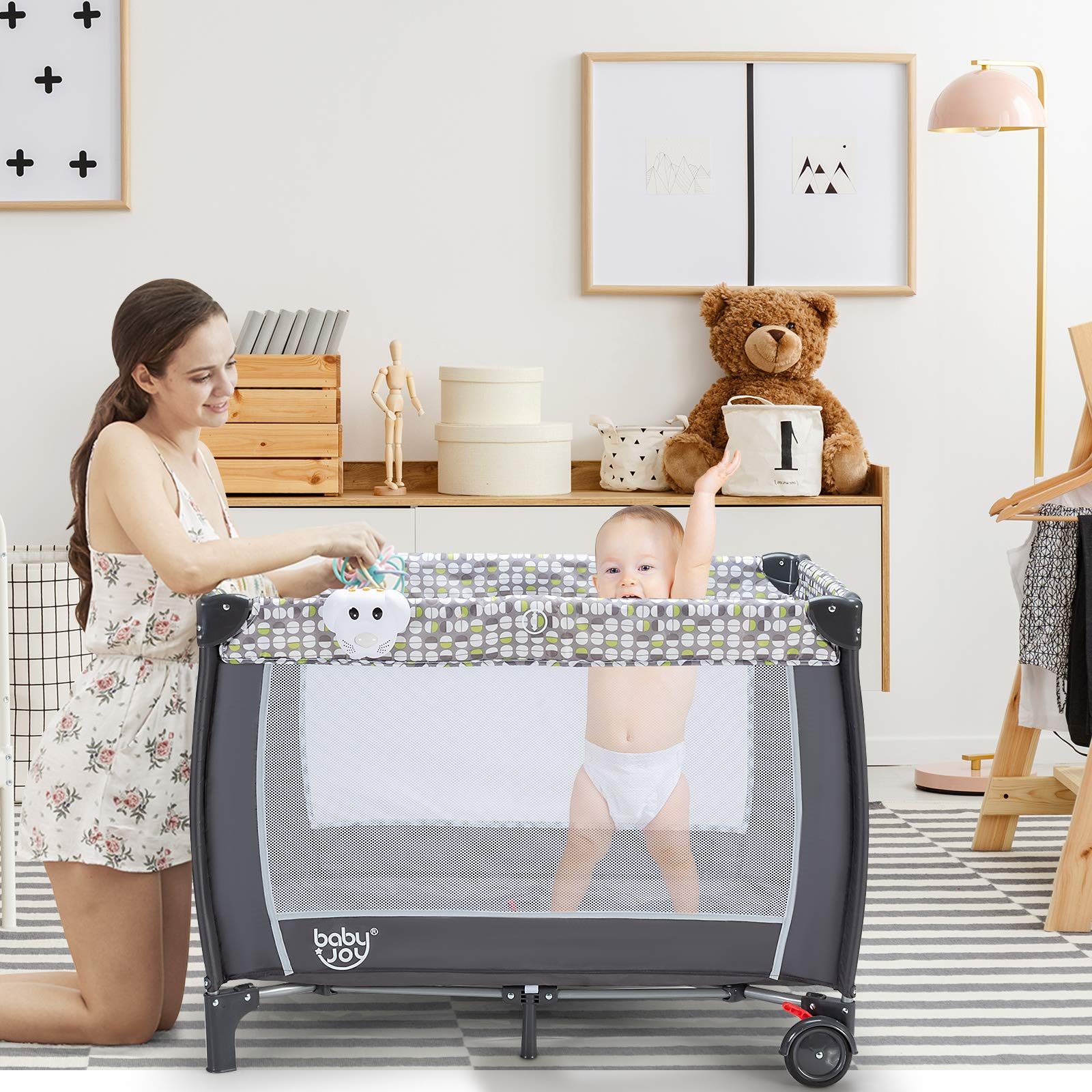 DREAMADE Lit Parapluie Bébé 3 en 1 Lit de Voyage Pliable avec Table à Langer&Auvent Mobile&2 Roues avec Frein&Porte-Couche,0-36 Mois
