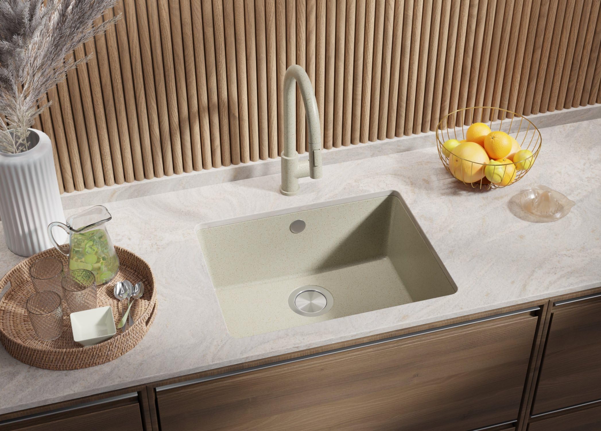PRIMAGRAN Fregadero bajo Encimera Beige 56x44cm, Cocina 1 Seno + Sifón, Granito al Mueble 60cm - Venecia Easy S066