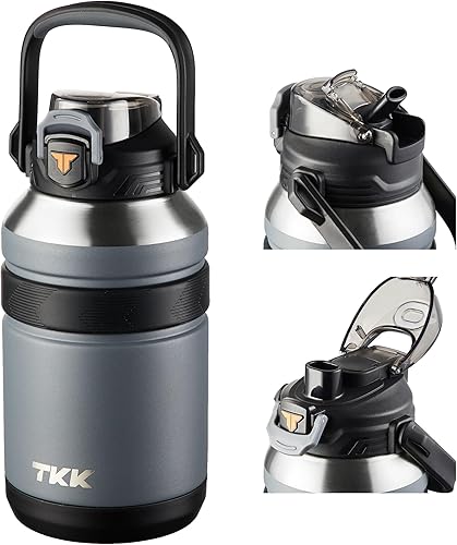 TKK Botellas de agua aisladas grandes de 50 onzas con pajilla, botella de agua de metal de acero inoxidable de medio galón, botella de vacío para