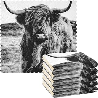 Black White Scottish Highland Cow Vintage Style 6 Set Kitchen Dish Towels, Washcloths Cleaning Cloths Dish Cloths, Absorbent Towels Lint Free Bar Tea Soft Waffle Towel 11"x11"