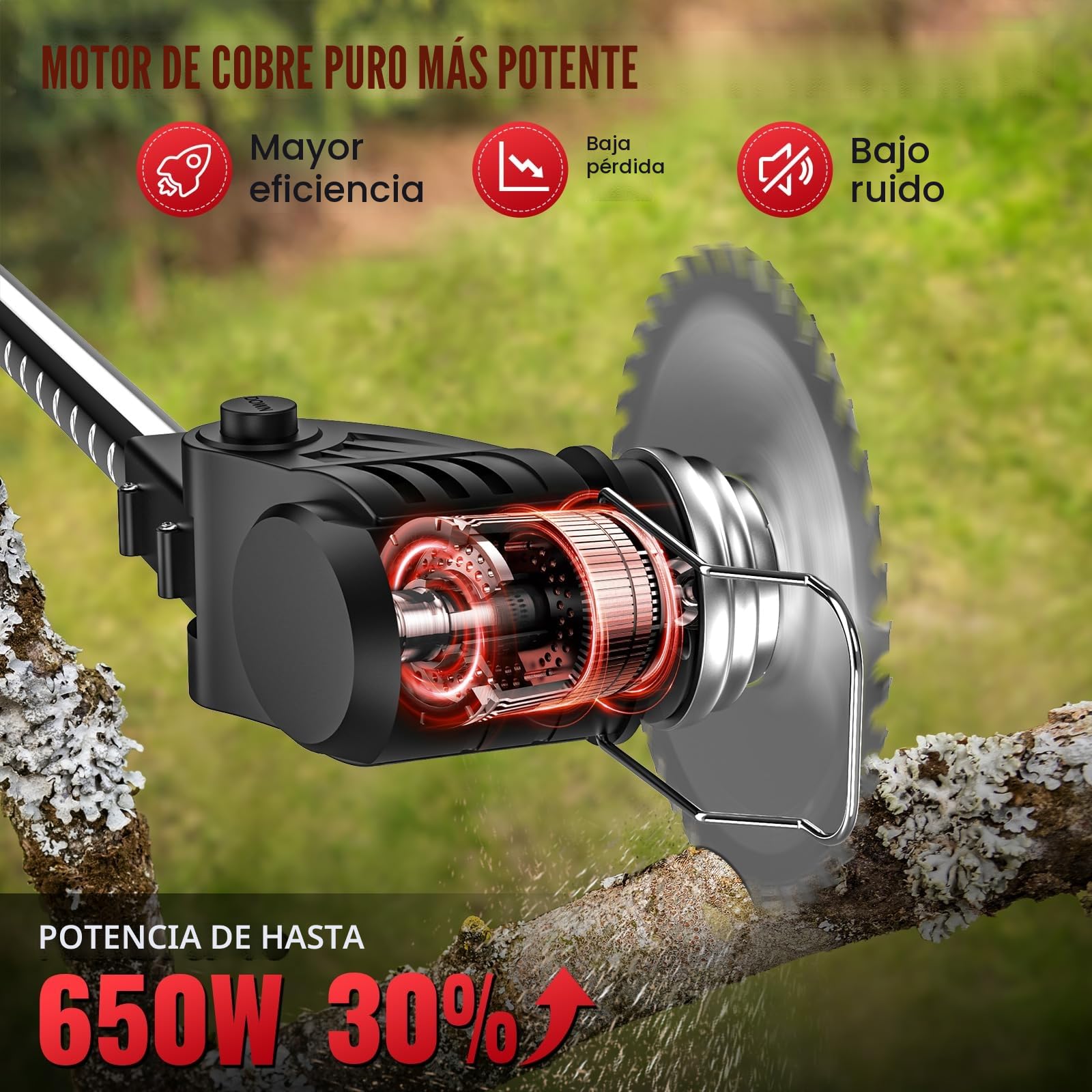 Desbrozadora Bateria 21V, Desbrozadora Electrica con 2 x 3.0Ah Baterías y 3 Cuchillas, Ruedas Desmontables, Varilla Telescópica, Cortacésped de Batería Plegable para Recortar Césped y Arbustos