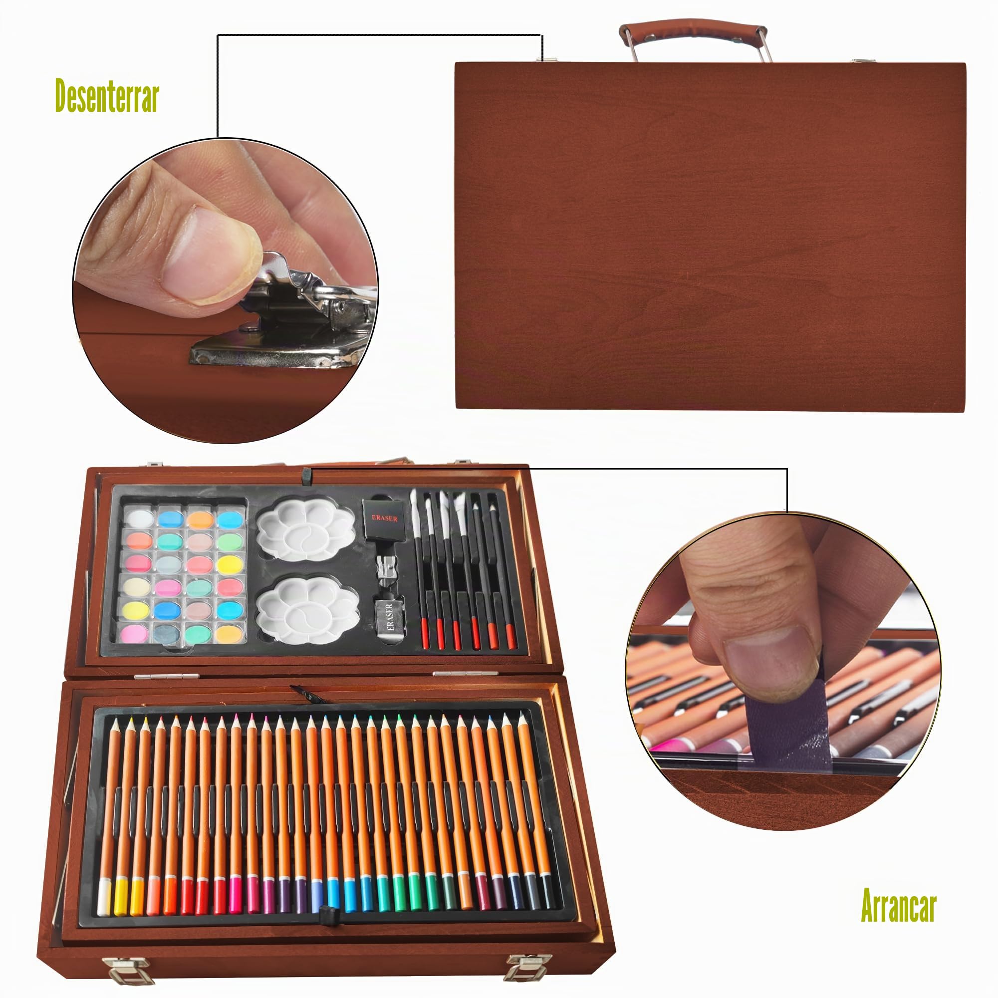 KINSPORY Maletin Pinturas para Niños, 139 piezas Juegos de Dibujo, Acuarelas Lapices con caja de madera (Marrón)
