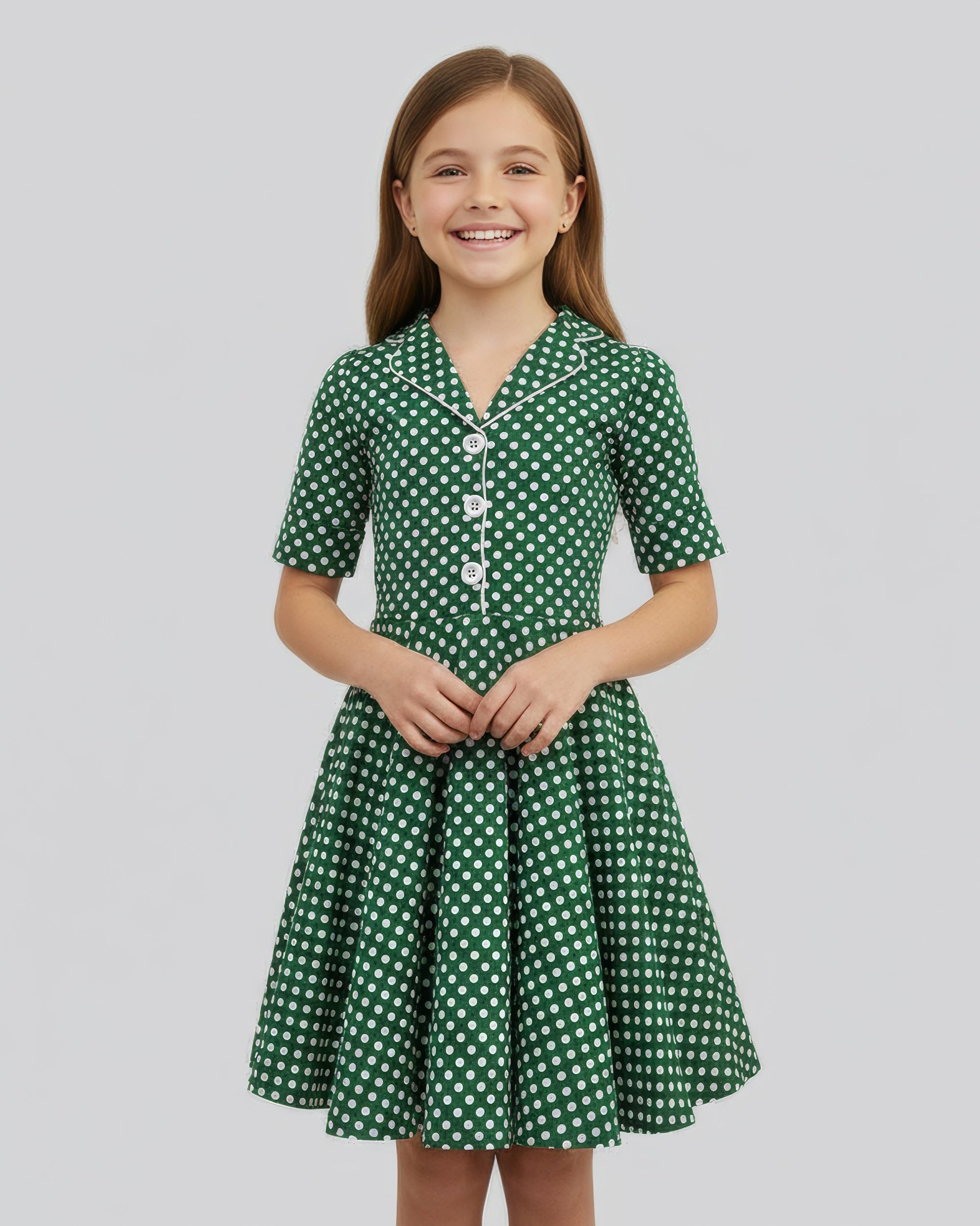 BlackButterfly Vestito Bambina Sabrina a Pois | Gonna a Ruota, Maniche Corte Risvoltate, Colletto Classico, Abbottonatura, Foderato, Zip Laterale, 3-14 Anni