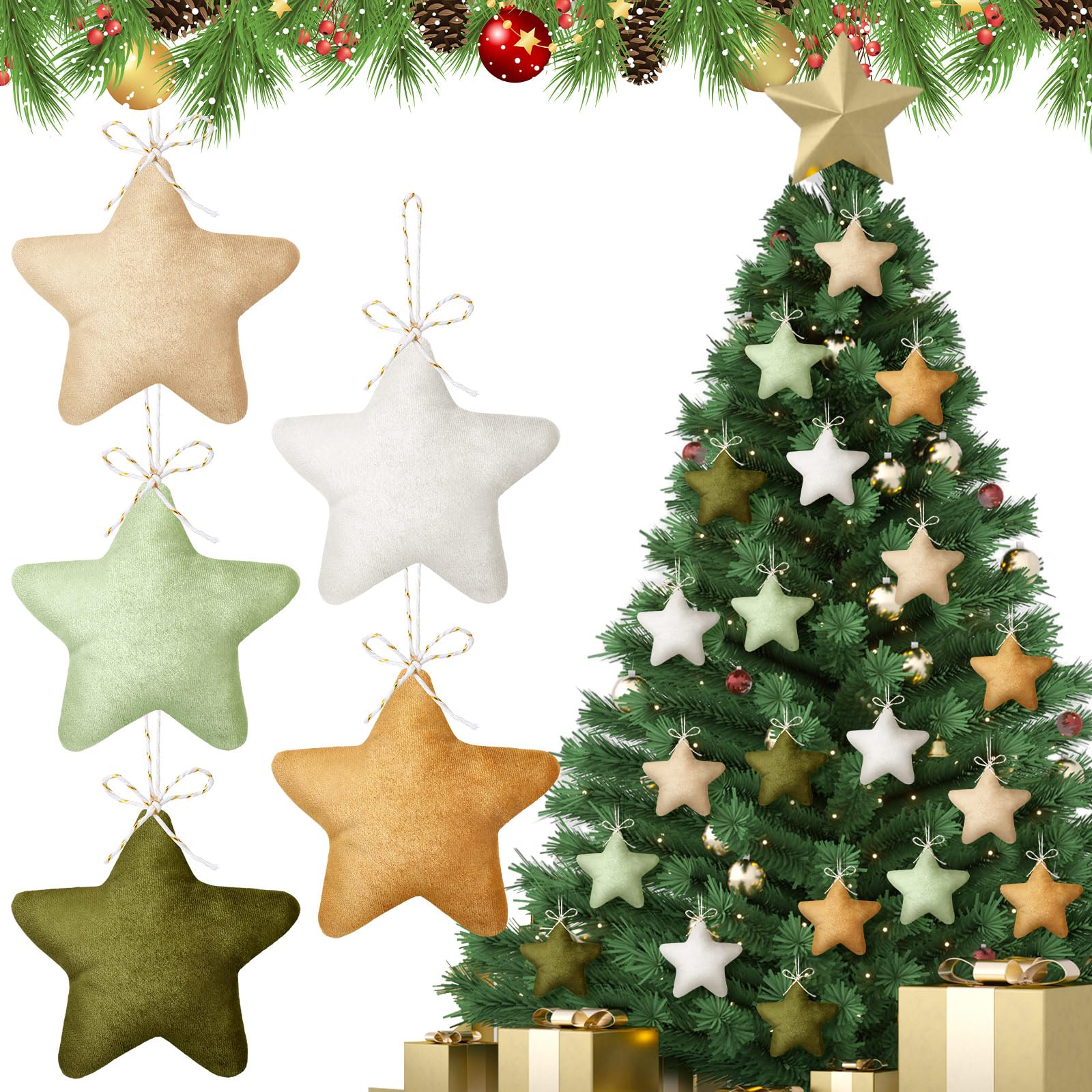 Memorywuu24 Pcs Neutral Christmas Ornaments for Christmas Tree 3.94 Inch Velvet Christmas Star Ornaments Boho Sage Green Christmas Hanging Decorations Rustic Flocked Ornaments Farmhouse Holiday Decor