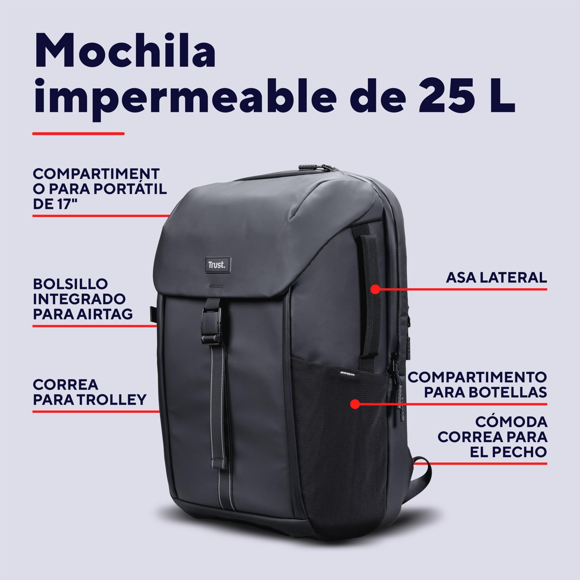 Trust Jersey Mochila Ordenador Portátil 17 Pulgadas 25 Litros, Negro | Resistente al Agua, Backpack de Plástico Reciclado para los Estudios Viajes Trabajo Hombre Mujer