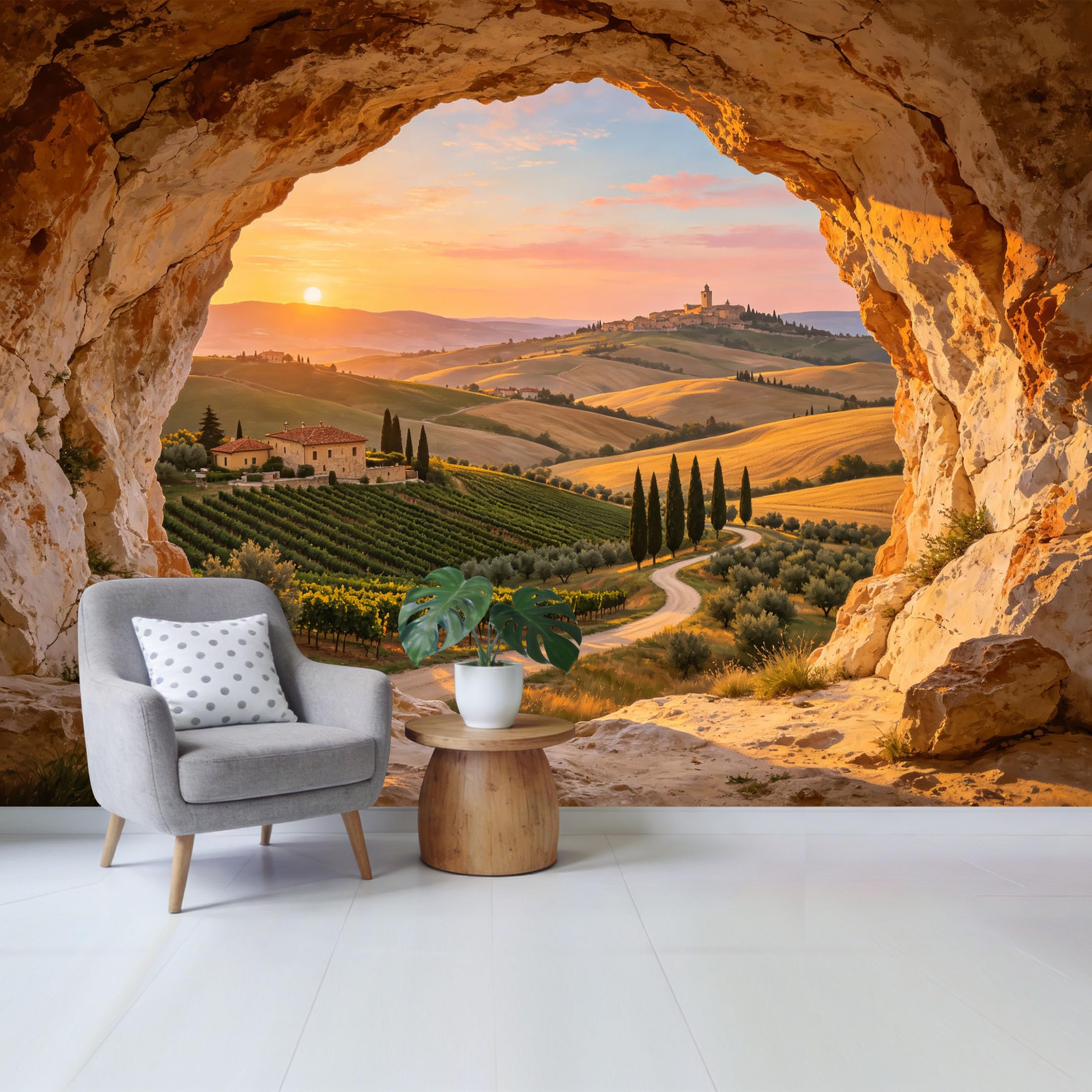 Custom Size Wall Mural Sunset Countryside Landscape Vineyard View from Cave Removable Self Adhesive Fabric Home Wall Decor for Living Room Bedroom Bathroom
