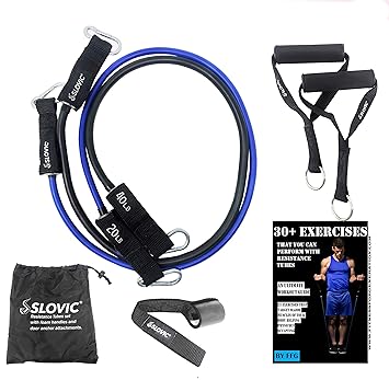 Resistance Tube by SLOVIC (1 Year Warranty) with 30+ Exercise Guide & Foam Handle, Suitable for Home and Gym for Men and Women, Multipurpose Resistance Tube Band (Black 20kg + Blue 10kg= 30kg)