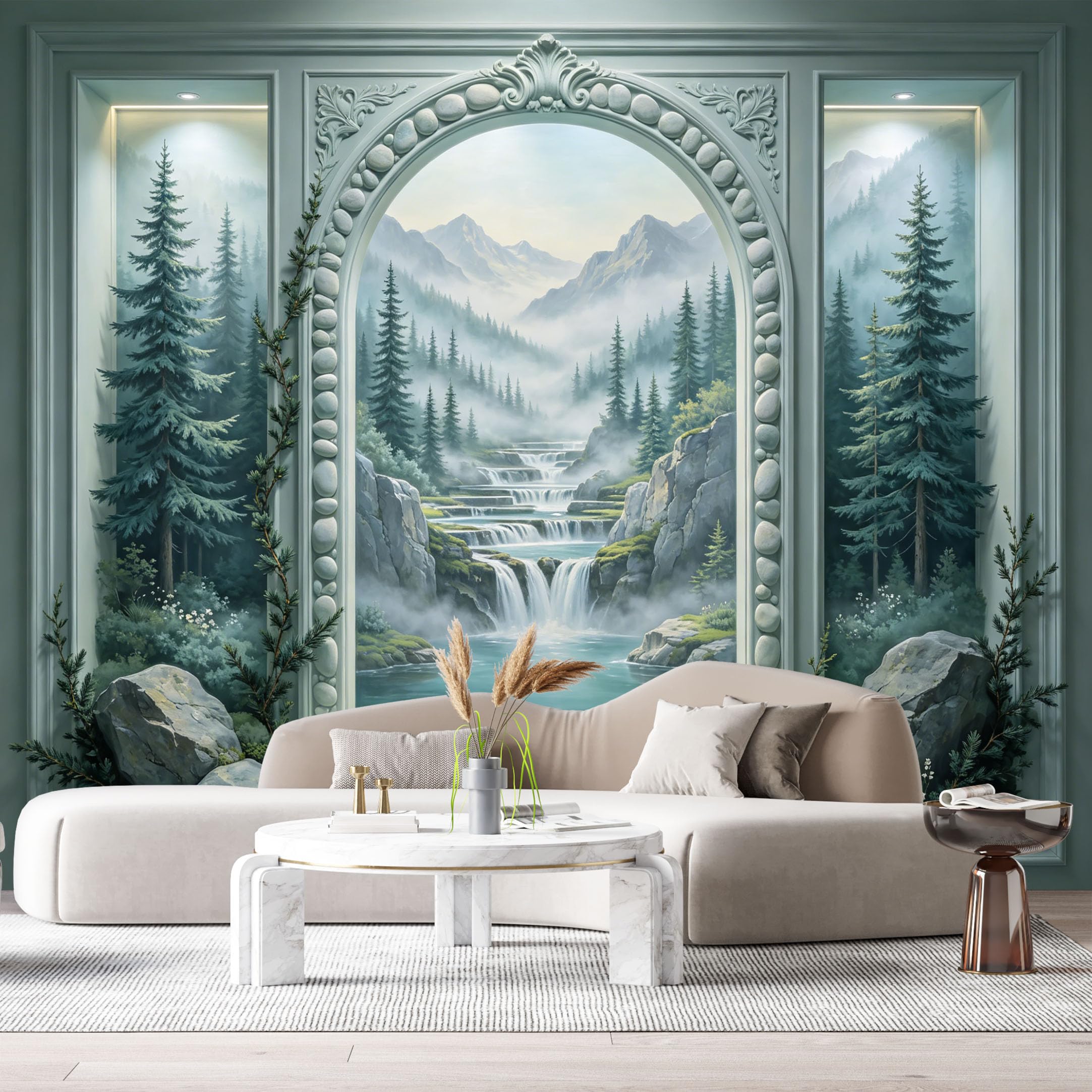 Custom Size Wall Murals Mountain Lake Forest Waterfall 3D Trompe L'Oeil SelfAdhesiveWall Fabric Removable Wallpaper Wall Decor for Living Room Bedroom Bathroom