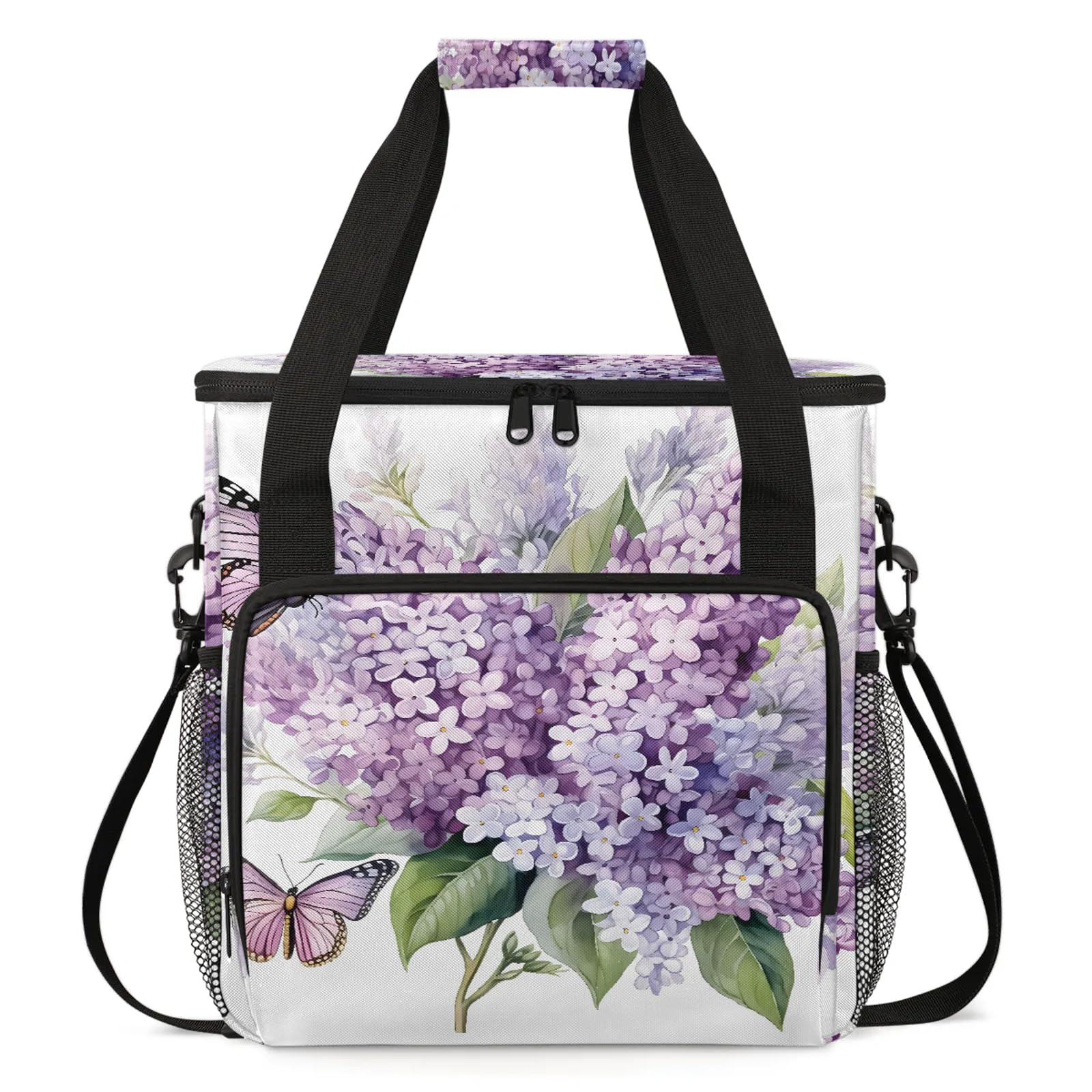 Adornori Purple Hydrangea Butterfly Coffee Maker Carring Bag, Large Insulated Storage Organizer Case Tote Bags with Shoulder Strap for Travel Work Picnic
