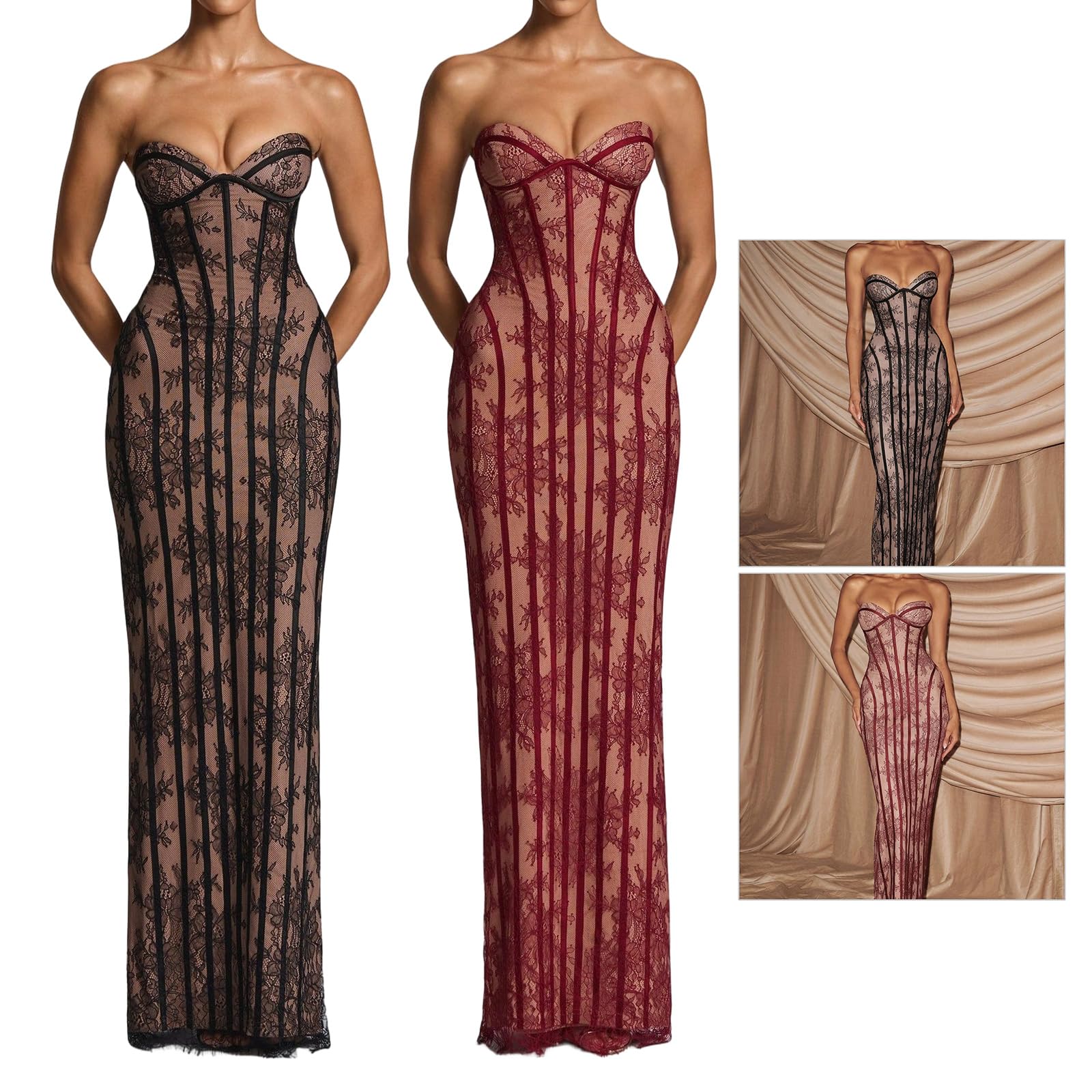 Abito da sera lungo formale da donna, senza spalline, pizzo floreale, corsetto, abito stretto per eventi sul tappeto rosso ed elegante riunioni, maxi abito aderente
