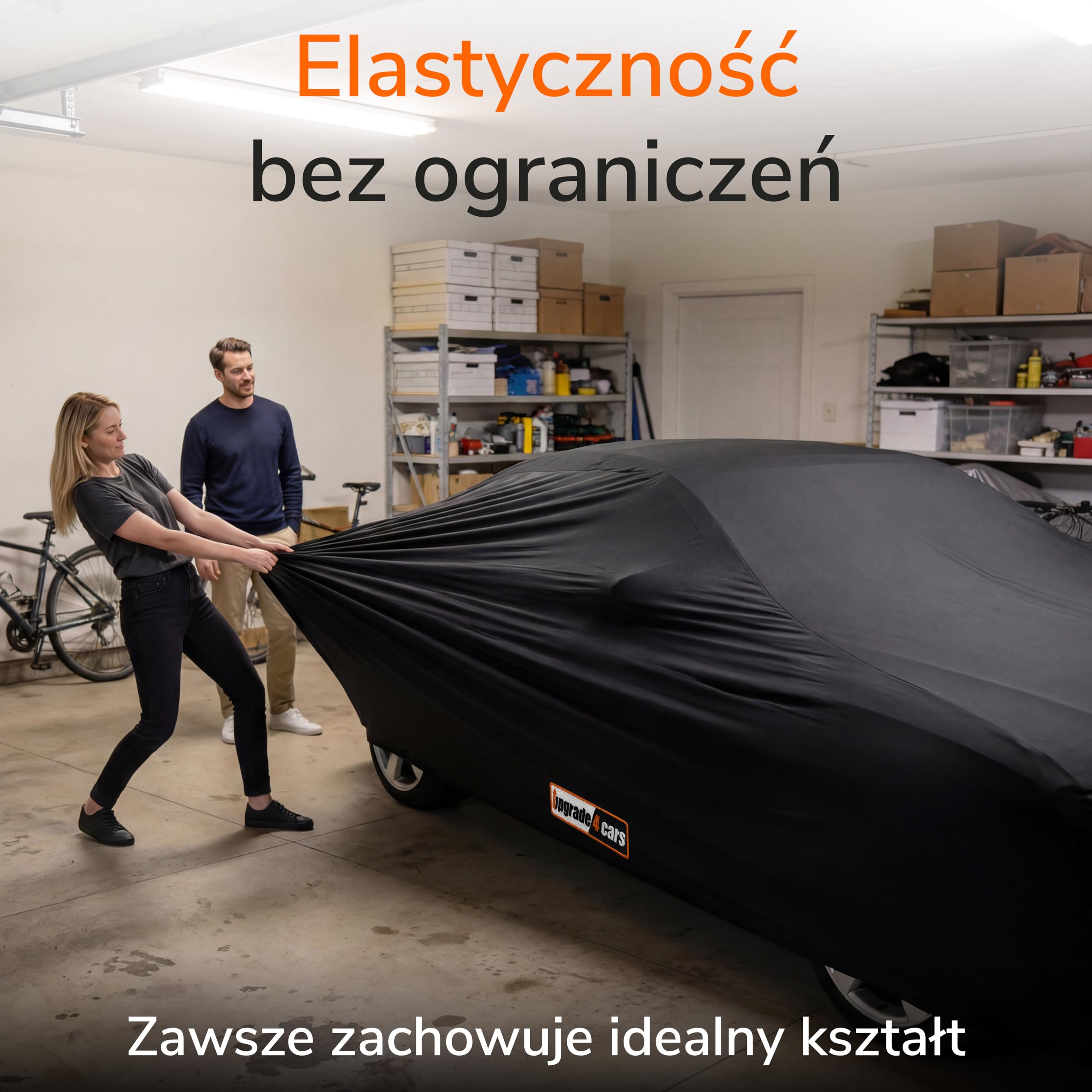 Upgrade4cars Plandeka na samochód, do użytku wewnątrz i na zewnątrz, rozciągliwa, z materiału w kolorze czarnym, rozmiar do samochodu osobowego – S (370-420 cm)
