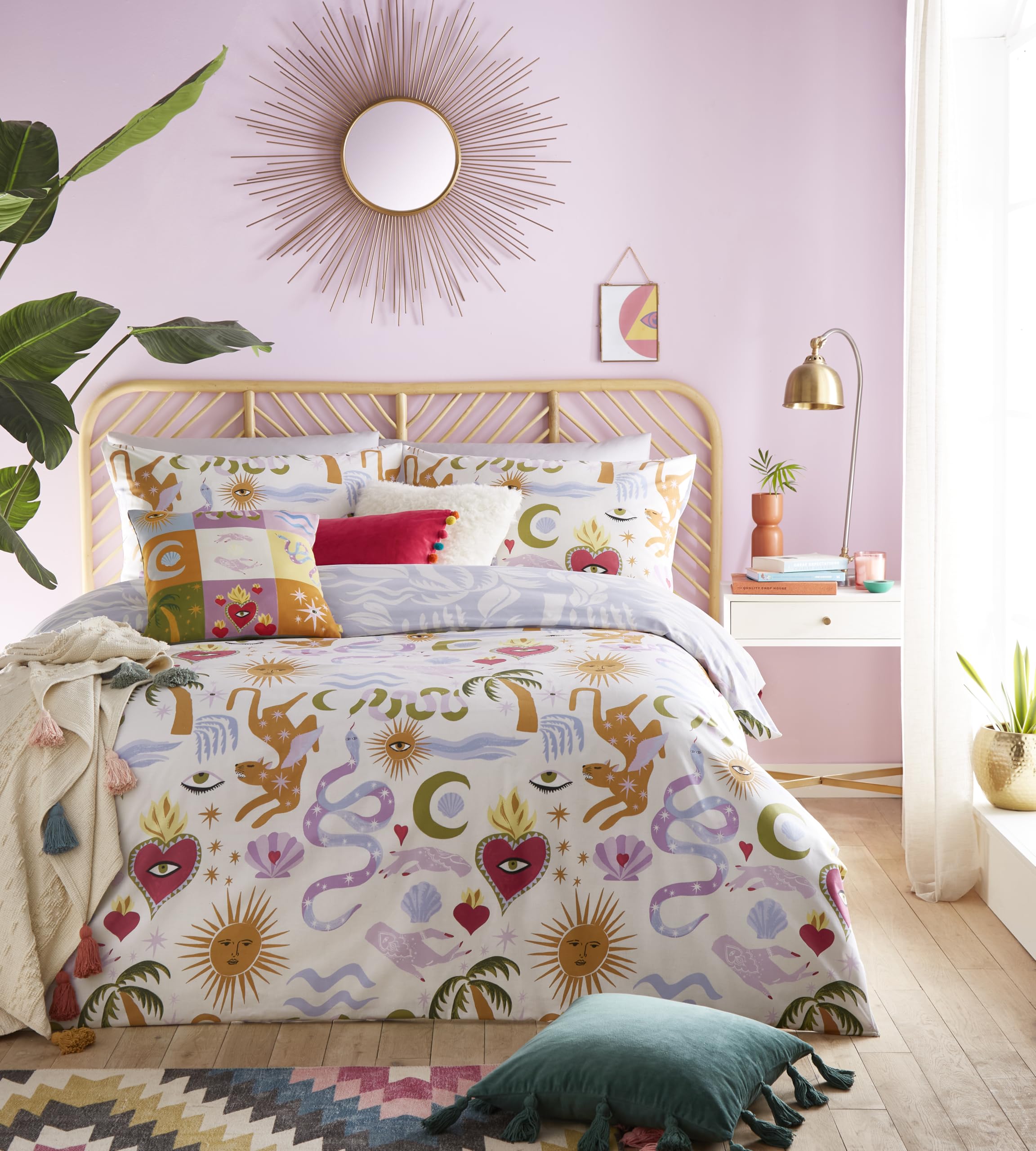 furn Alchemy Duvet Cover Set – Abstract Symbol Print with Floral Reverse, Reversible Polycotton Bedding (Multicolour – King)