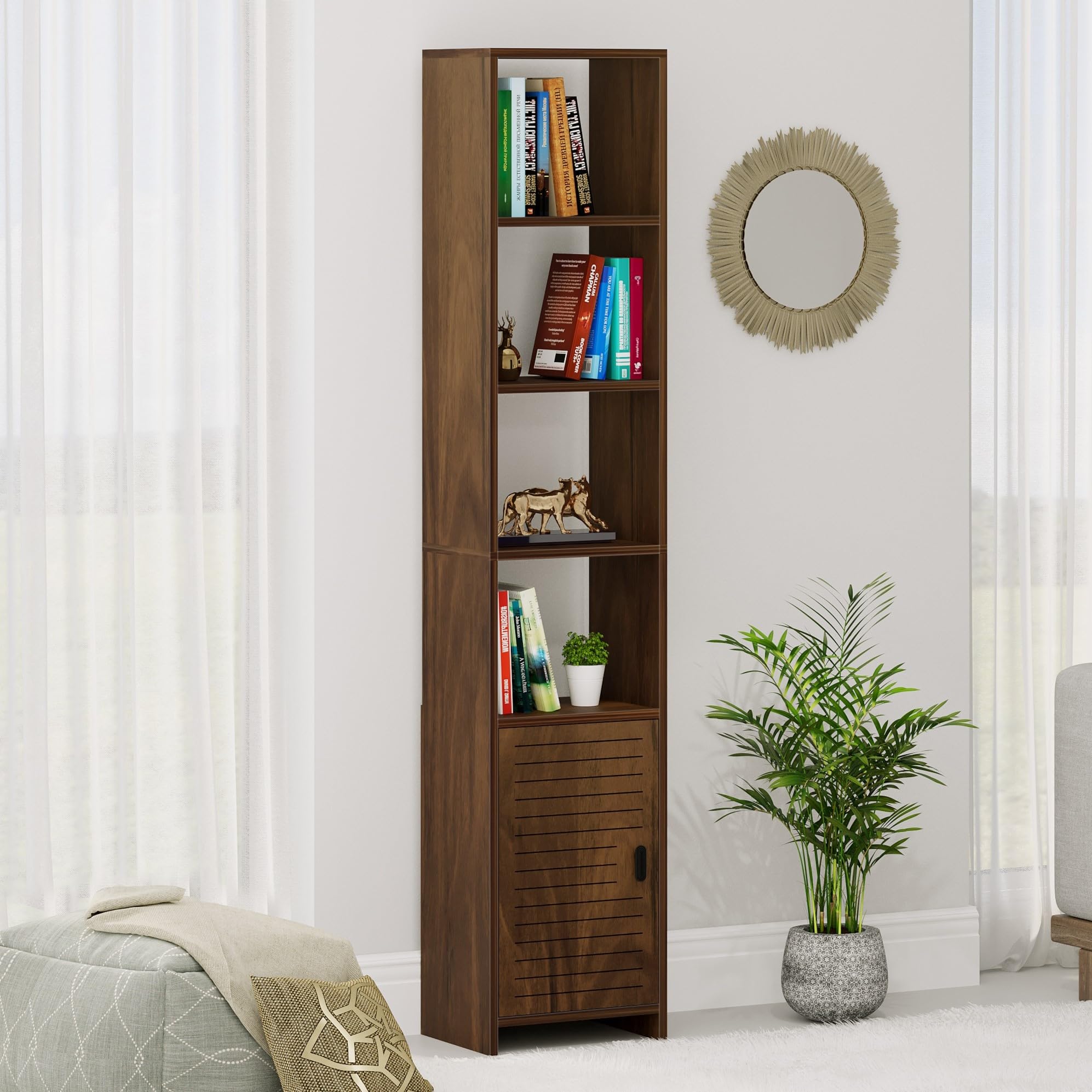 BLUEWUD Barnia Engineered Wood Bookshelf Cabinet Book Rack Organizer with Shelves & Bottom Door for Storage Décor Display Cabinet Floor Standing for Living Room Home Library (Brown Maple)-image-6