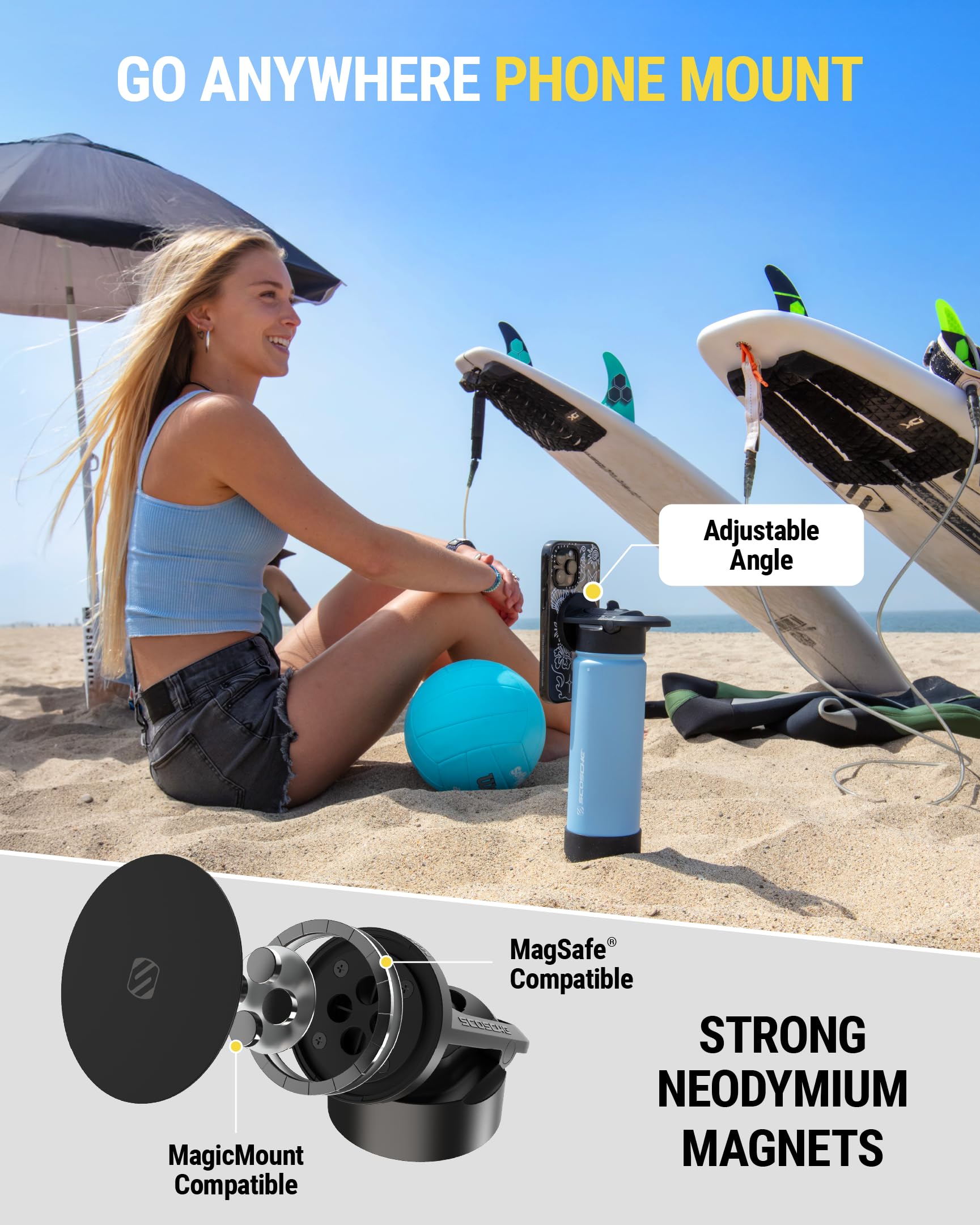 Scosche MFMS22 MagicMount - Borraccia in acciaio inox con supporto per telefono MagSafe, borraccia termica per caldo 12 ore e freddo 24 ore, con supporto magnetico per telefono, per palestra, auto